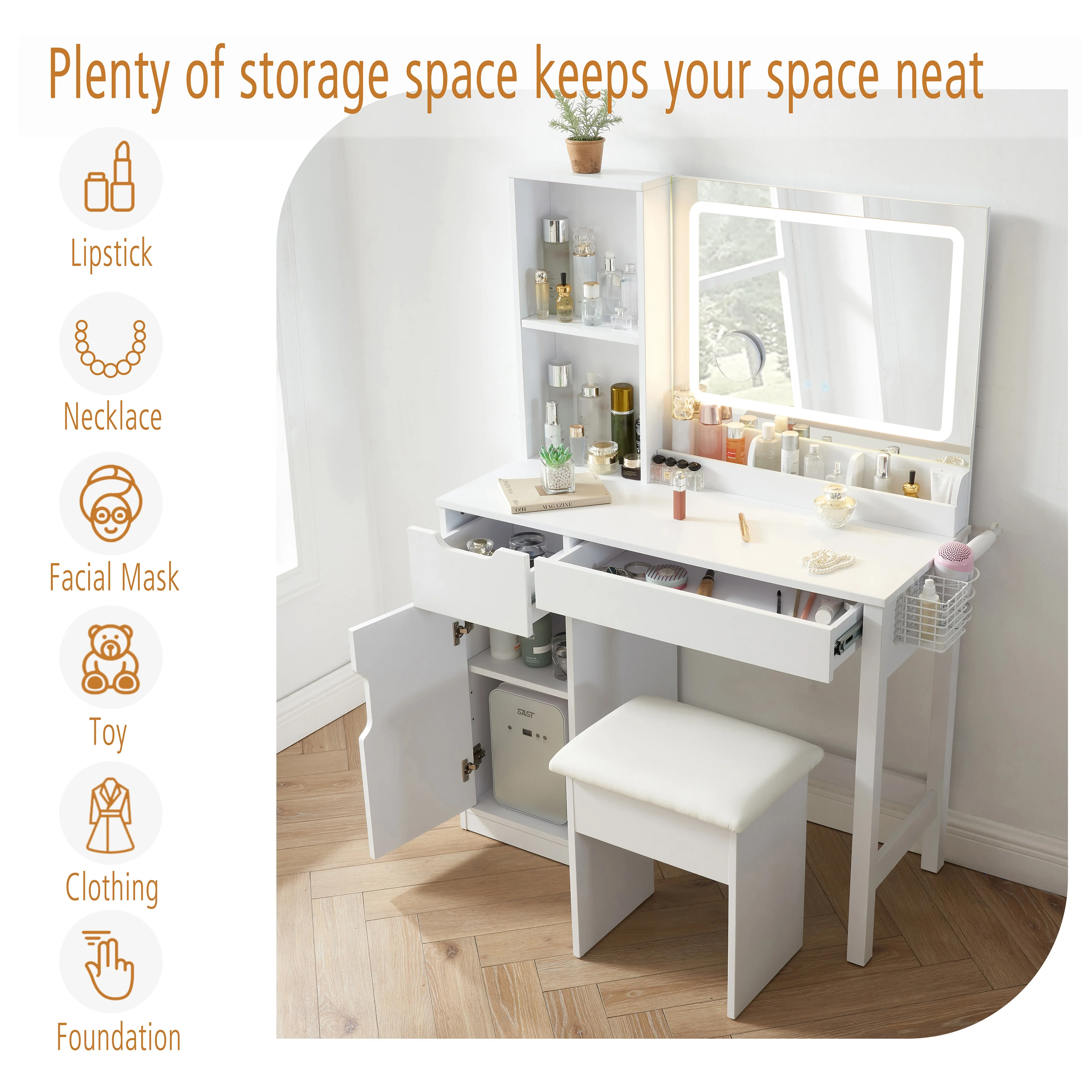 Mainstays Get Ready with Me GRWM Deluxe 2-Piece Vanity and Stool with Lighted Mirror and USB Power, White Finish - Image 18