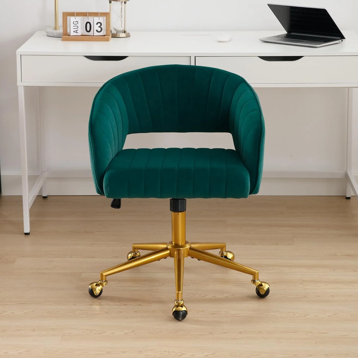 Westice Home Office Desk Chairs, Velvet Task Chair, Height Adjustable Swivel Vanity Chair with Golden Base for Vanity Study, Living Room Computer Room, Beige - Image 20
