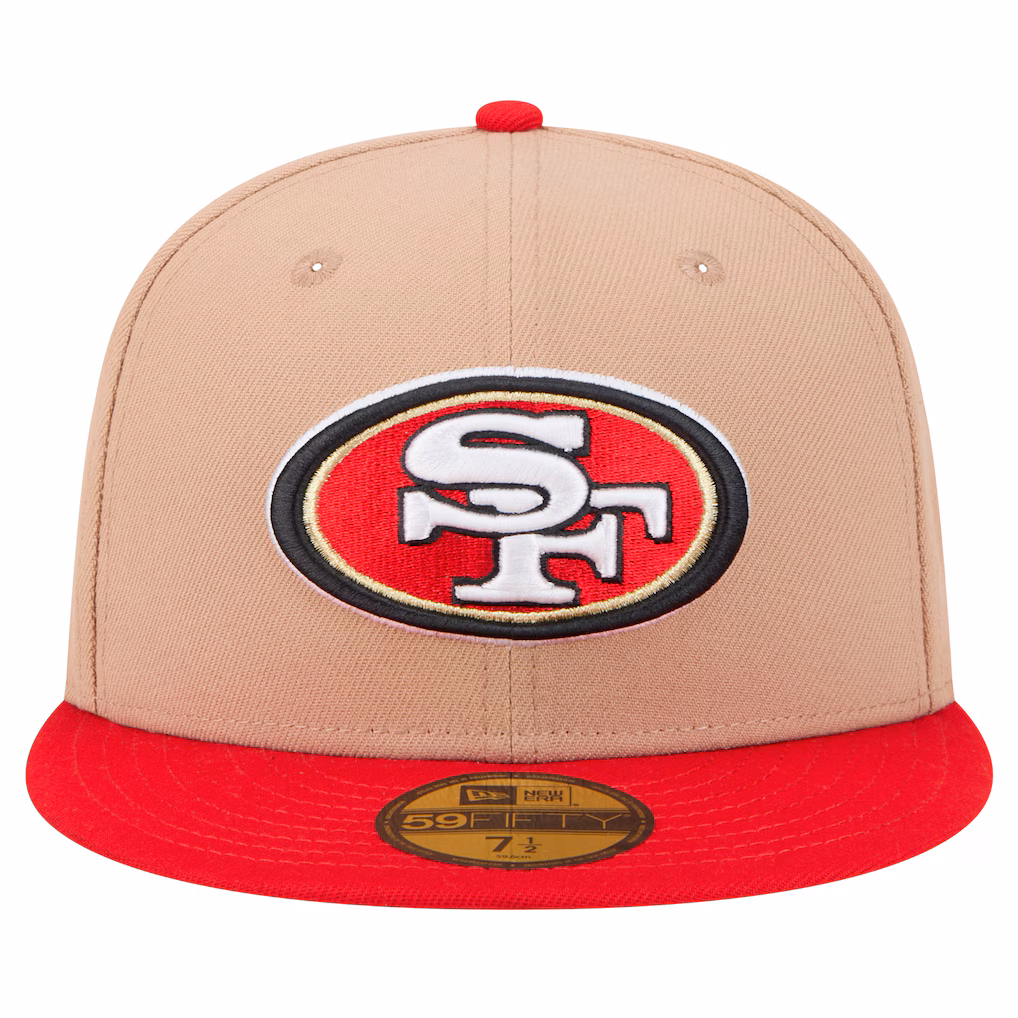 Direct front view of the tan San Francisco 49ers 59FIFTY Fitted Hat showing the raised embroidered SF oval logo and red flat visor.