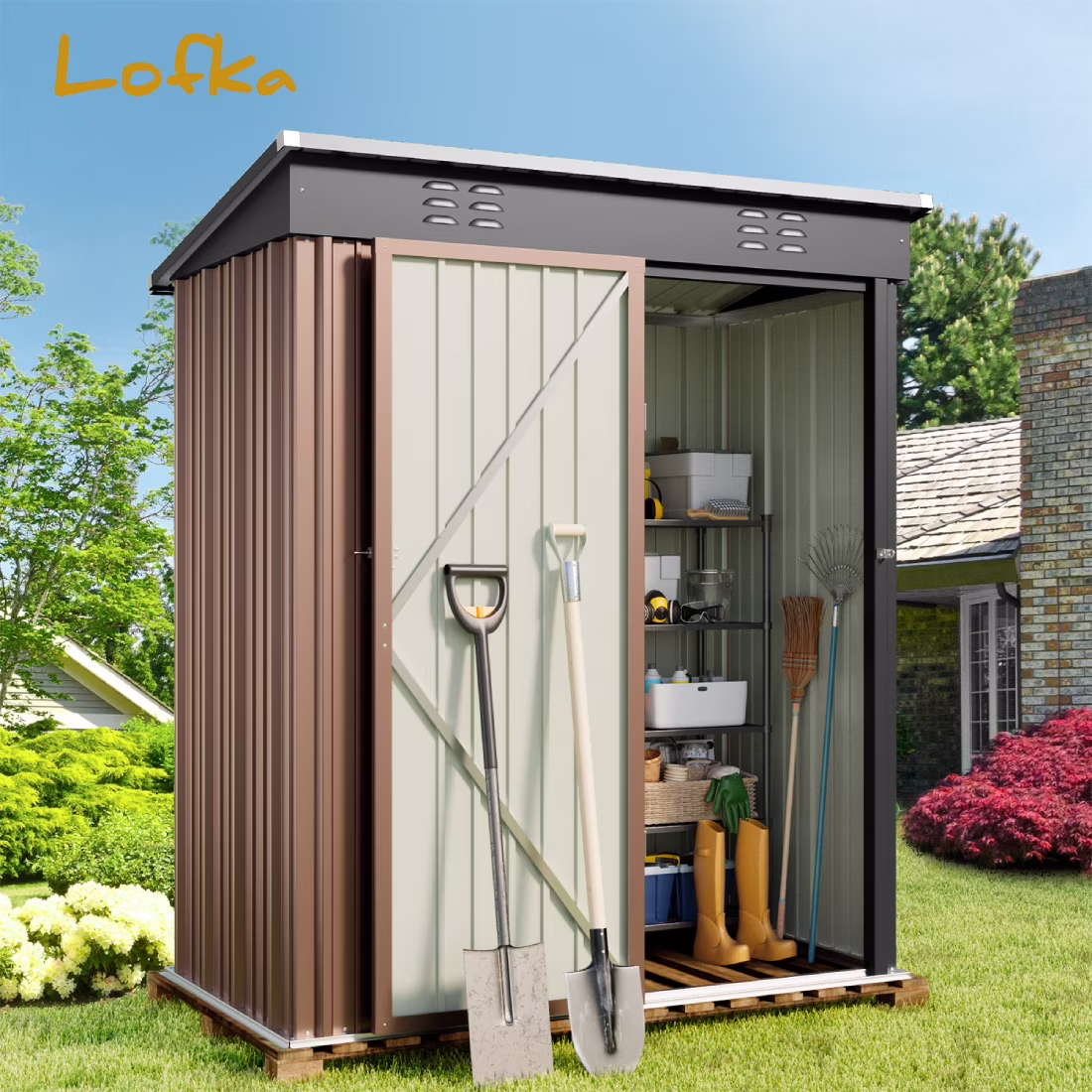 5' x 3' Outdoor Storage Shed, Metal Outdoor Storage Cabinet with Single Lockable Door, Waterproof Tool Shed,Gray - Image 3