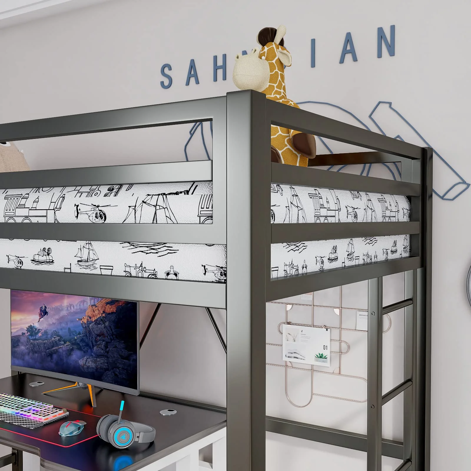Einfach Metal Twin Size Loft Bed with Removable Ladder & Full-Length Guardrail, White - Image 14