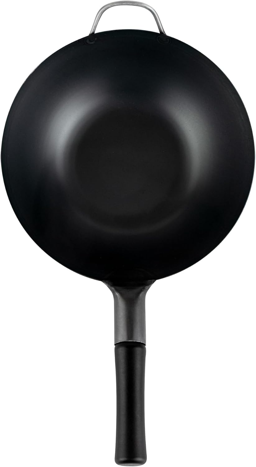 Restaurantware Carbon Steel Wok 1 Pack of 11.6 Inch Heavy-Duty Uniform Heat Distribution Pan Induction Compatible Flat Bottom Wok Welded Handle Black For Gas Stovetops And Grills