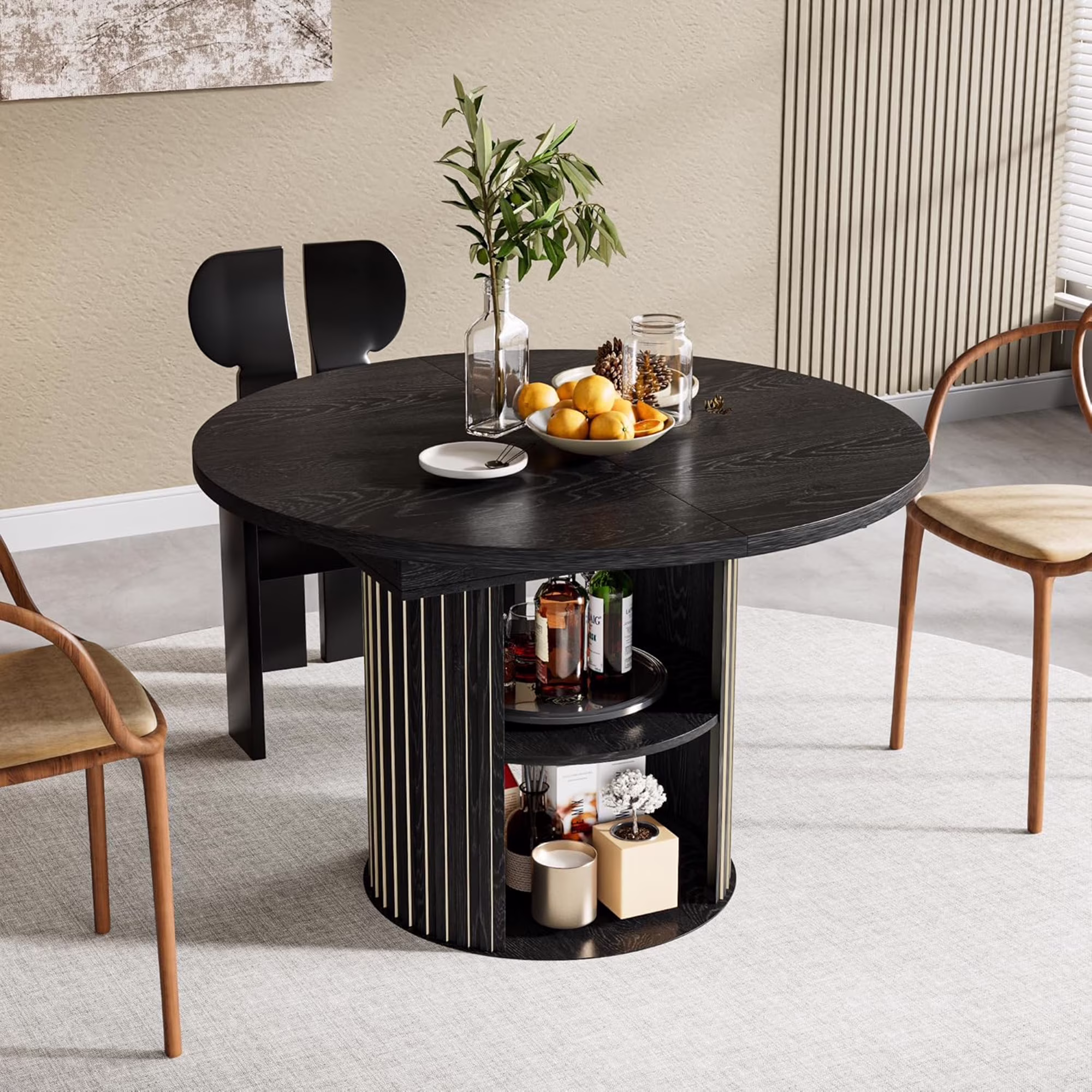 Extendable Dining Table for 4-6, Round Kitchen Table with Storage Shelf, Oval Dining Tables for Living Room (Walnut) - Image 3