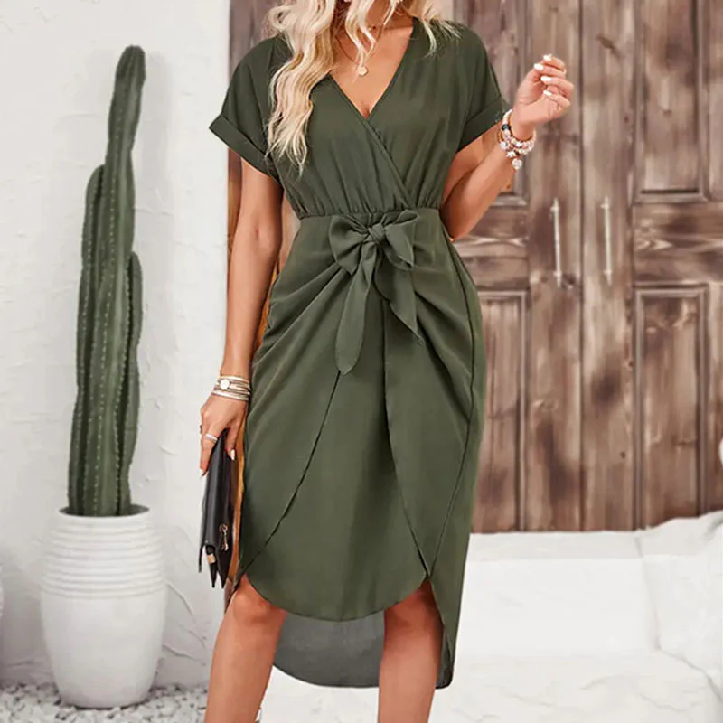 Solid color slit wrap short skirt short sleeve loose tie dress - Se7enfashion