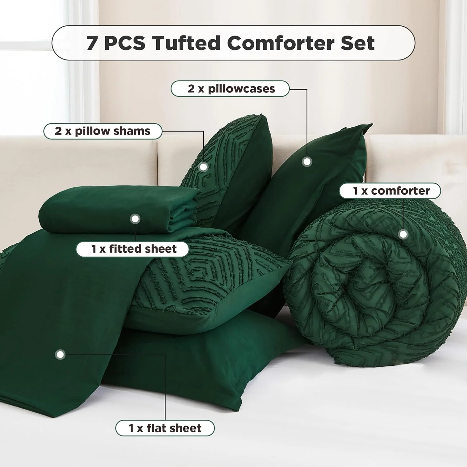 Queen Comforter Set 7 Piece Dark Emerald Green - Bed in a Bag Queen Boho Lightweight Fluffy Tufted Bedding Sets with Comforter, Sheets, Pillowcases & Shams - Image 5