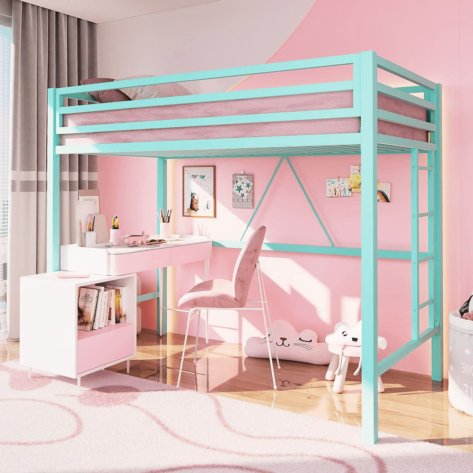Einfach Metal Twin Size Loft Bed with Removable Ladder & Full-Length Guardrail, White - Image 5