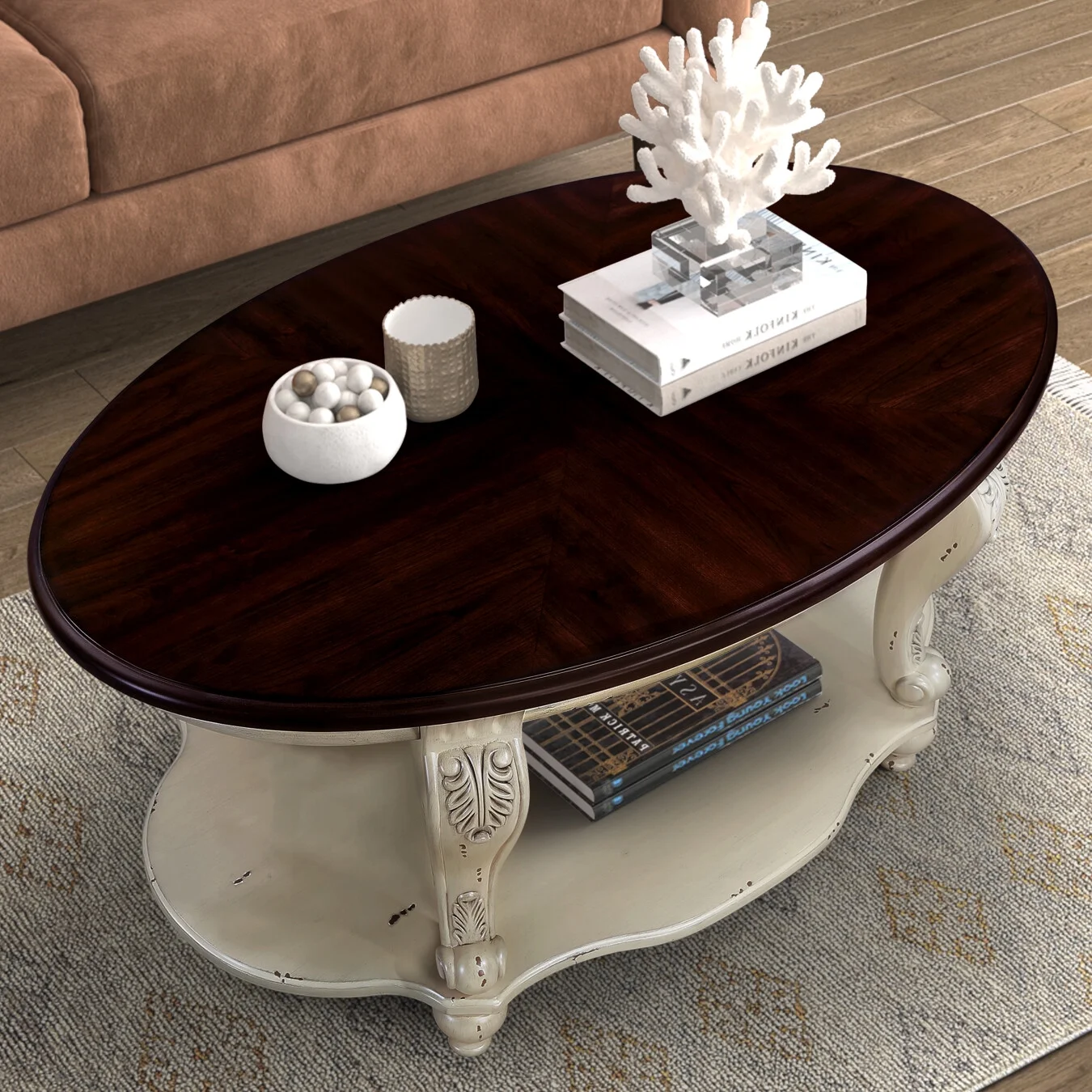 42" Oval Coffee Table with Storage Shelf, 2-Tier Solid Wood Cocktail Tea Table, Traditional Retro Center Table for Living Room, Bearing 400LBS, Cherry - Image 16