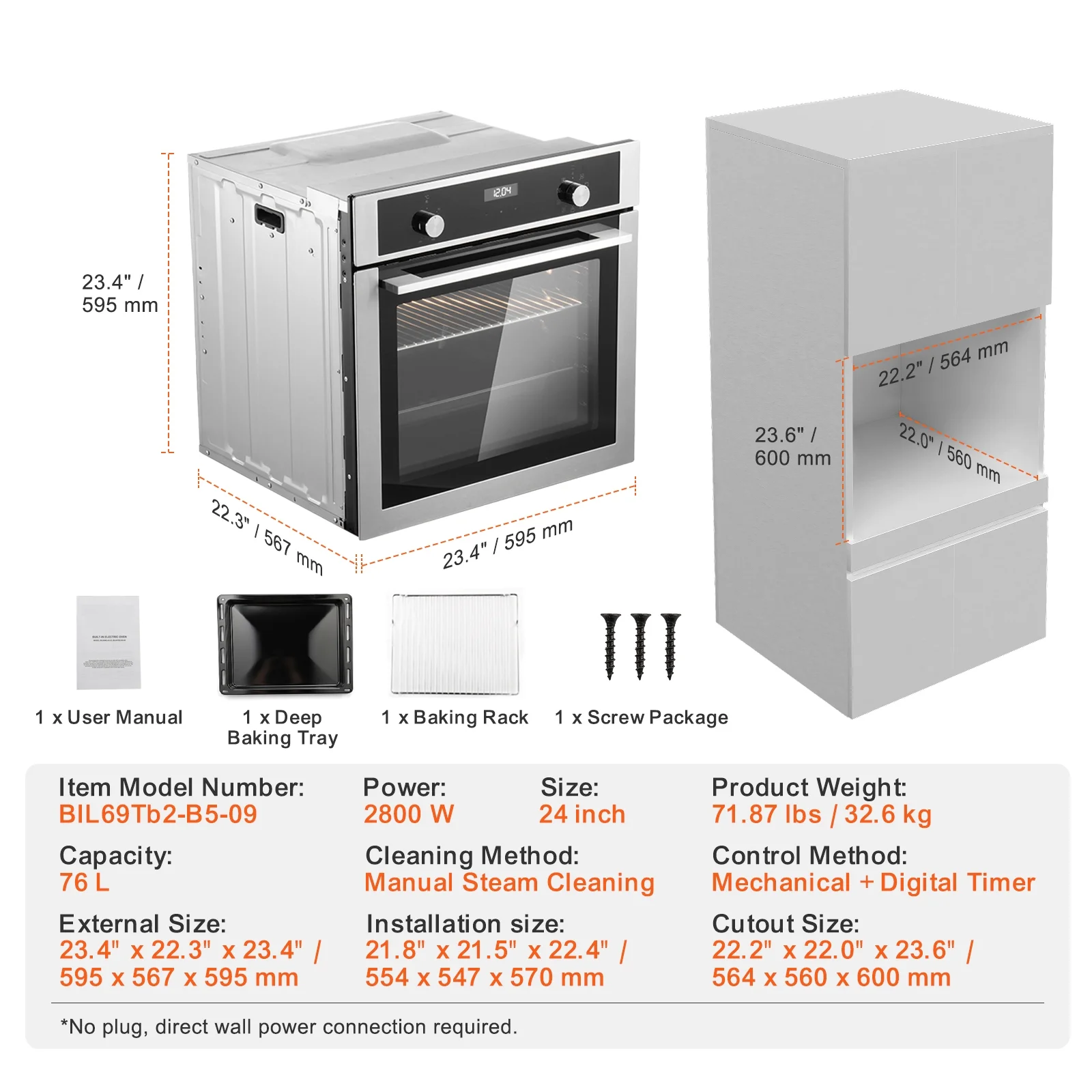 KFFKFF Single Wall Oven, 24" Electric Oven for Built-in Installation, Offers 9 Cooking Modes, 2.68 Cu.Ft Capacity, Includes Timer, 2800W Power - Image 6