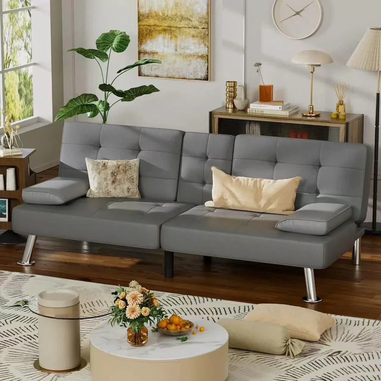 Homall Futon Sofa Bed Leather Futon Couch with Armrests Adjustable Recliner Sleeper Sofa Bed