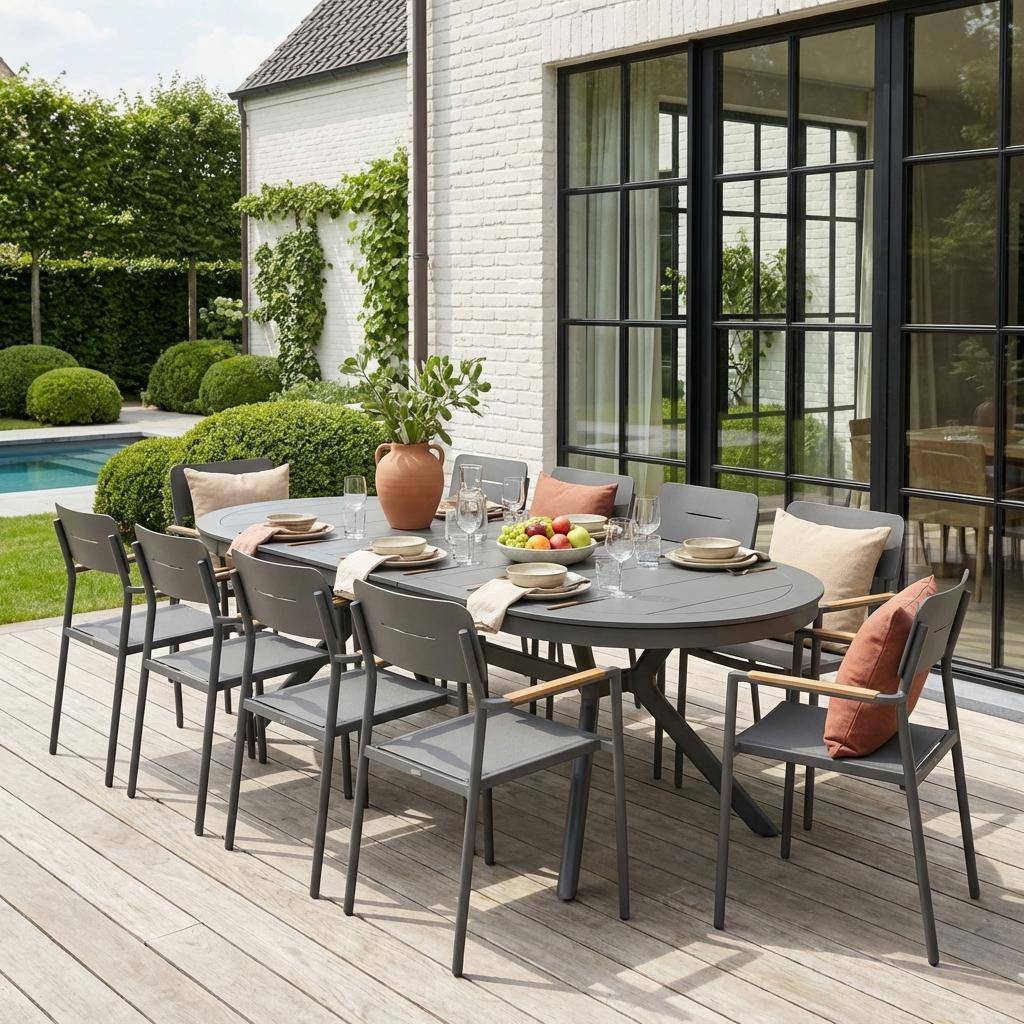 Metora + Fira - Conjunto mesa de jardín ovalada extensible de aluminio con 10 sillas