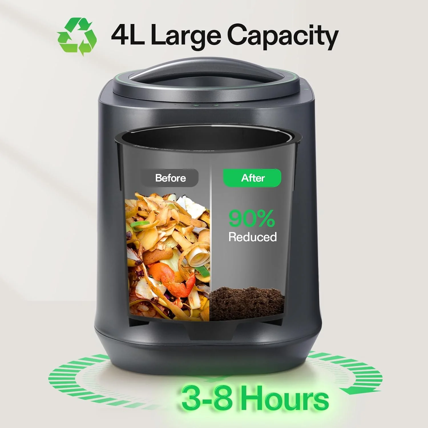 VIVOSUN 4L Electric Composter for Kitchen Indoor, Smart Compost Machine for Countertop, Odorless/Auto-Cleaning/3 Modes/Intelligent LED Display, Mill Composter Kitchen Bin Food Recycler, Black - Image 8