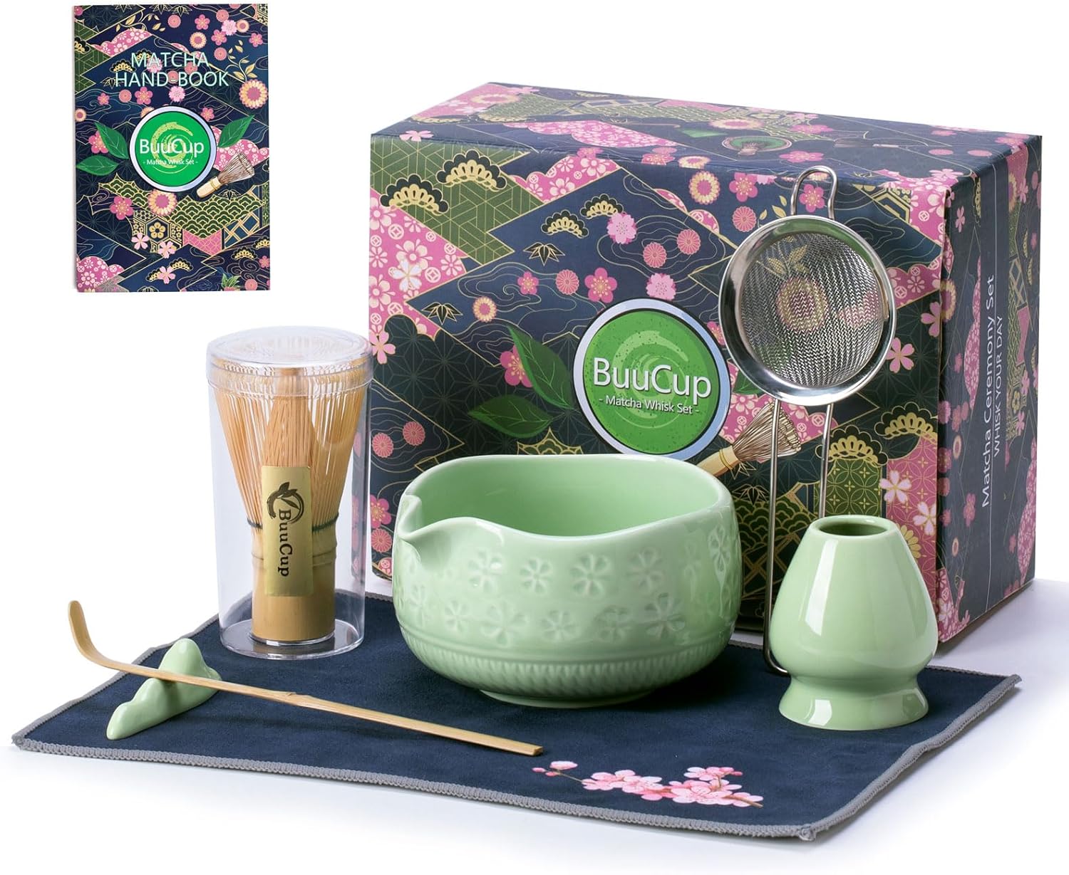 Buucup Matcha Whisk Set, Ceramic Matcha Kit Set Includes Matcha Bowl, Matcha Whisk and Holder, Bamboo Scoop, Scoop Rest, Sifter and Tea Towel - 7 Pcs Matcha Kit for Matcha Lovers (Mottled Green)