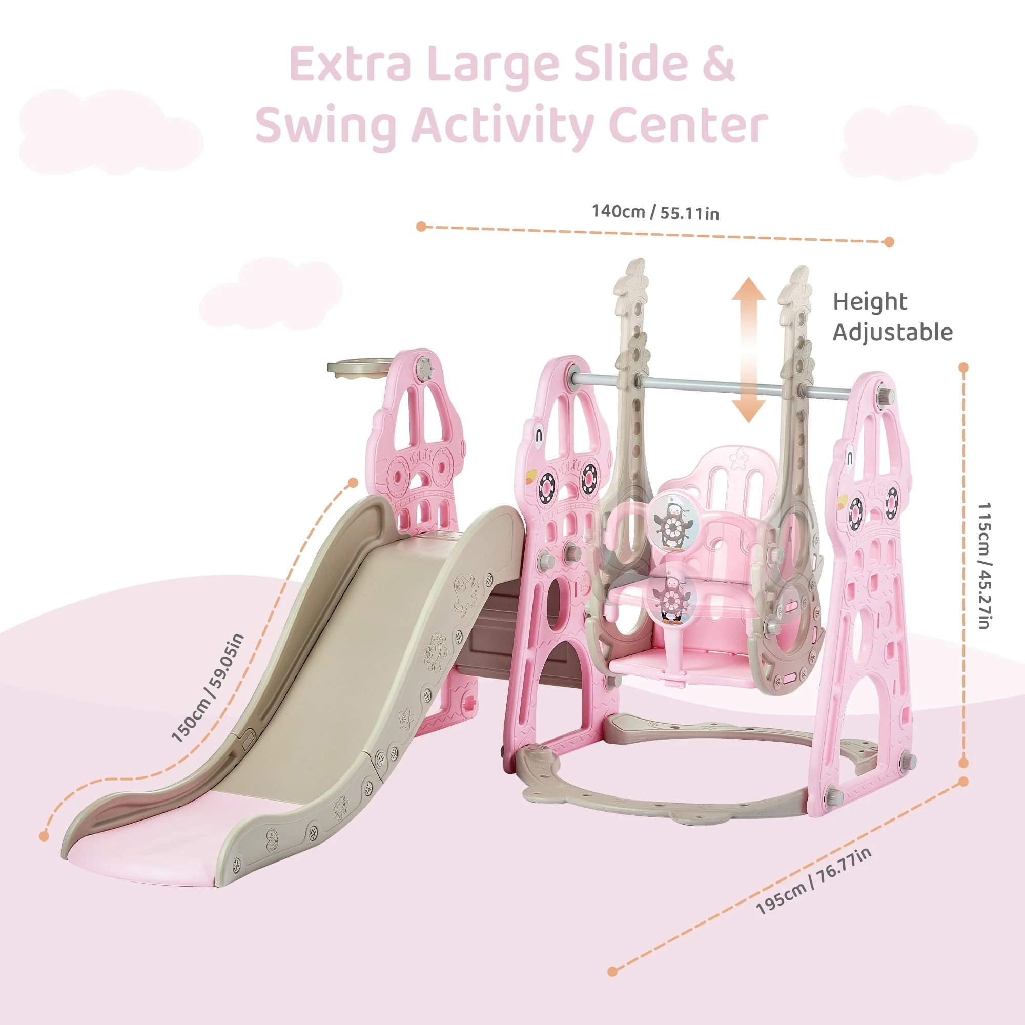 DUKE BABY 4-in-1 Kids Swing and Slide Set for Toddler Age 1-6, Extra Large Baby Indoor Outdoor Activity Playground with Basketball Hoop and Climber – Pink - Image 2