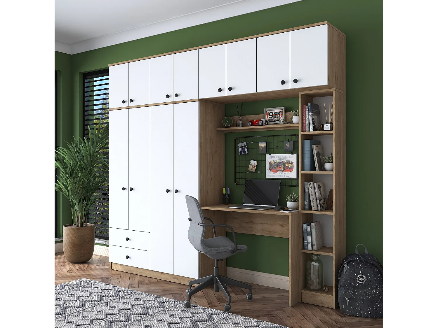 Armario con escritorio BA122 2697 blanco color nogal 240x216.8x42.5 cm
