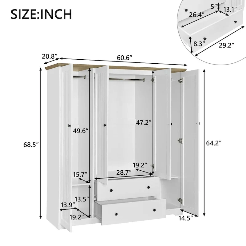 Freestanding 4-Door Wardrobe Armoire with 2 Drawers and Hanging Rods for Clothes Storage