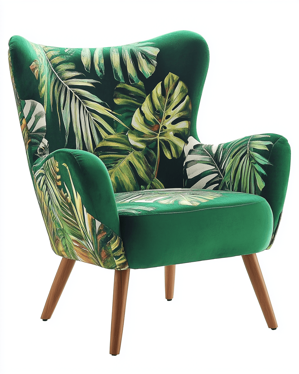 Sillón tapizado con estampado tropical – verde esmeralda – estilo retro con patas de madera