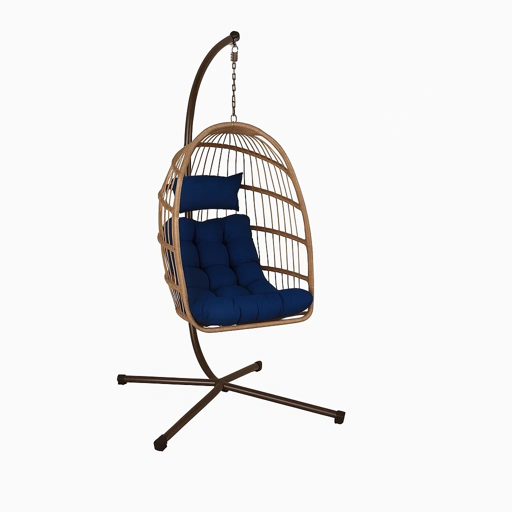 Sillón colgante de 1 plaza de resina trenzada marrón y cojín azul - AeZzrsr248si