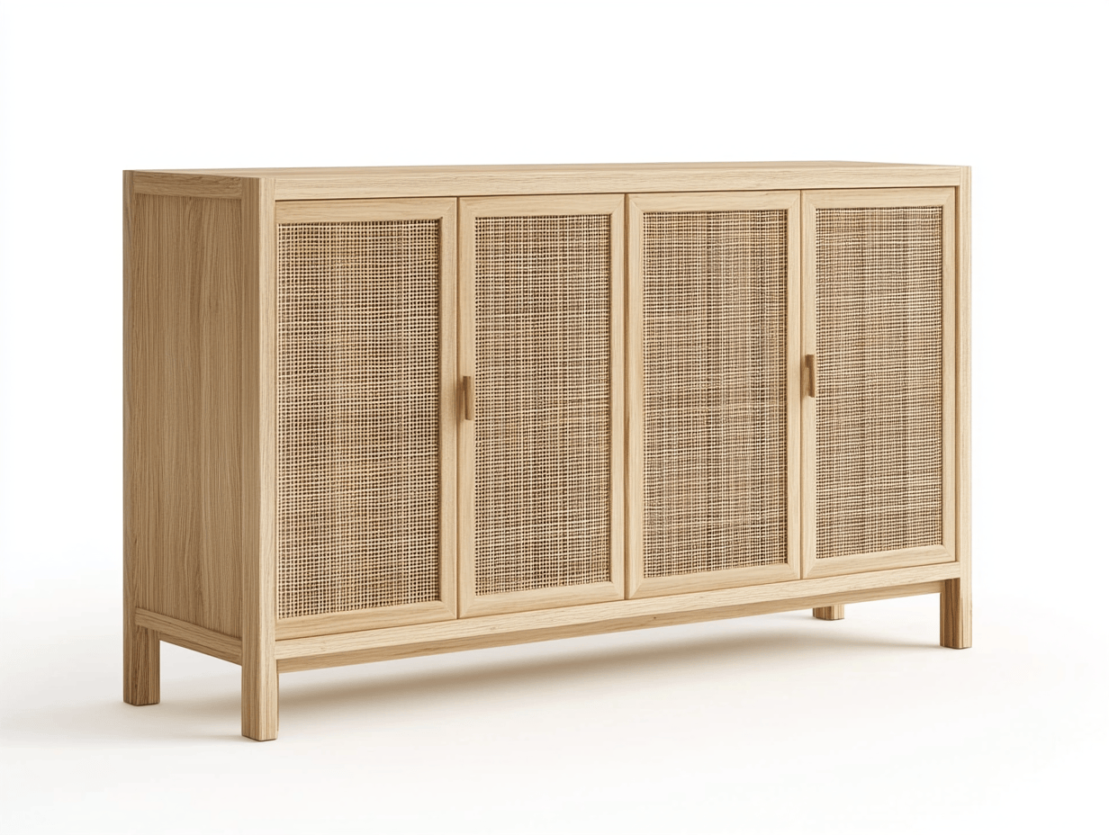 Armario de madera clara y ratán con cuatro puertas