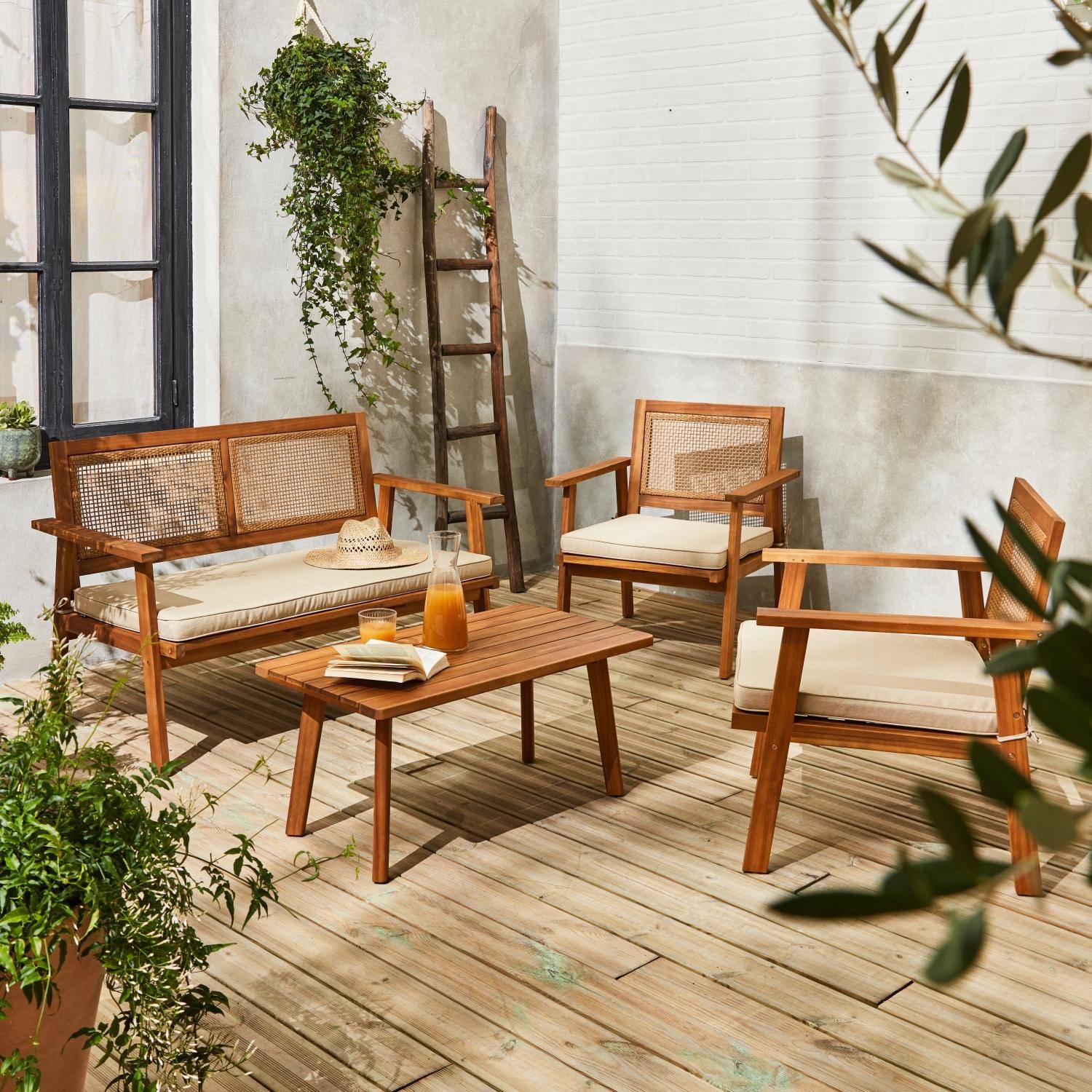 Bohemia - Conjunto de jardín en madera y caña cuadrada, 4 plazas