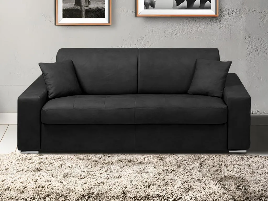 Sofá cama de 3 plazas tipo italiano de piel sintética Mueblestop - Negro - Somier de láminas de 140 cm - Colchón de 14 cm 81707SOQZ