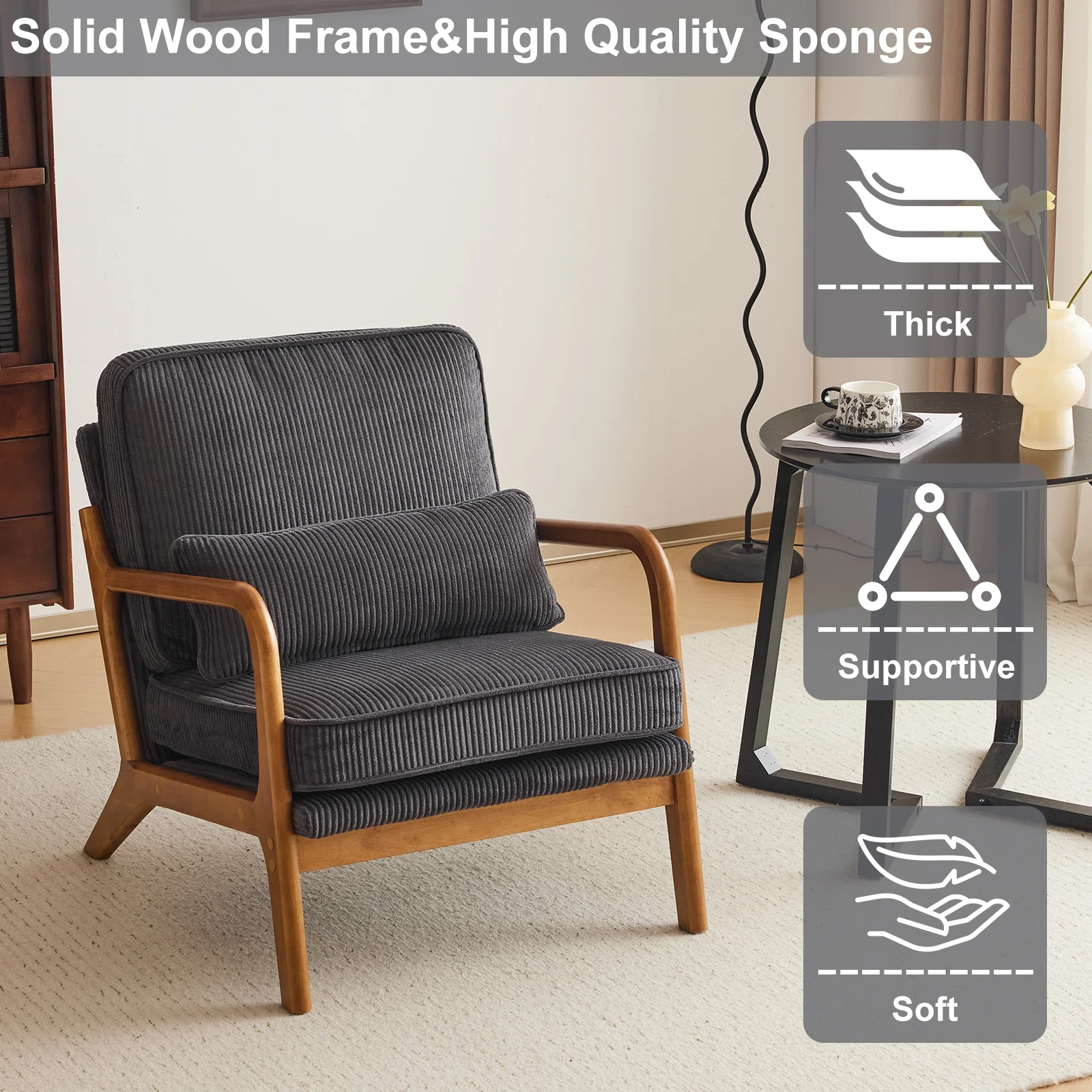 Ktaxon Accent Chair Corduroy Upholstered Armchair, Reading Club Chair with Pillow and Solid Wood Frame for Living Room Bedroom Furniture Off White - Image 114