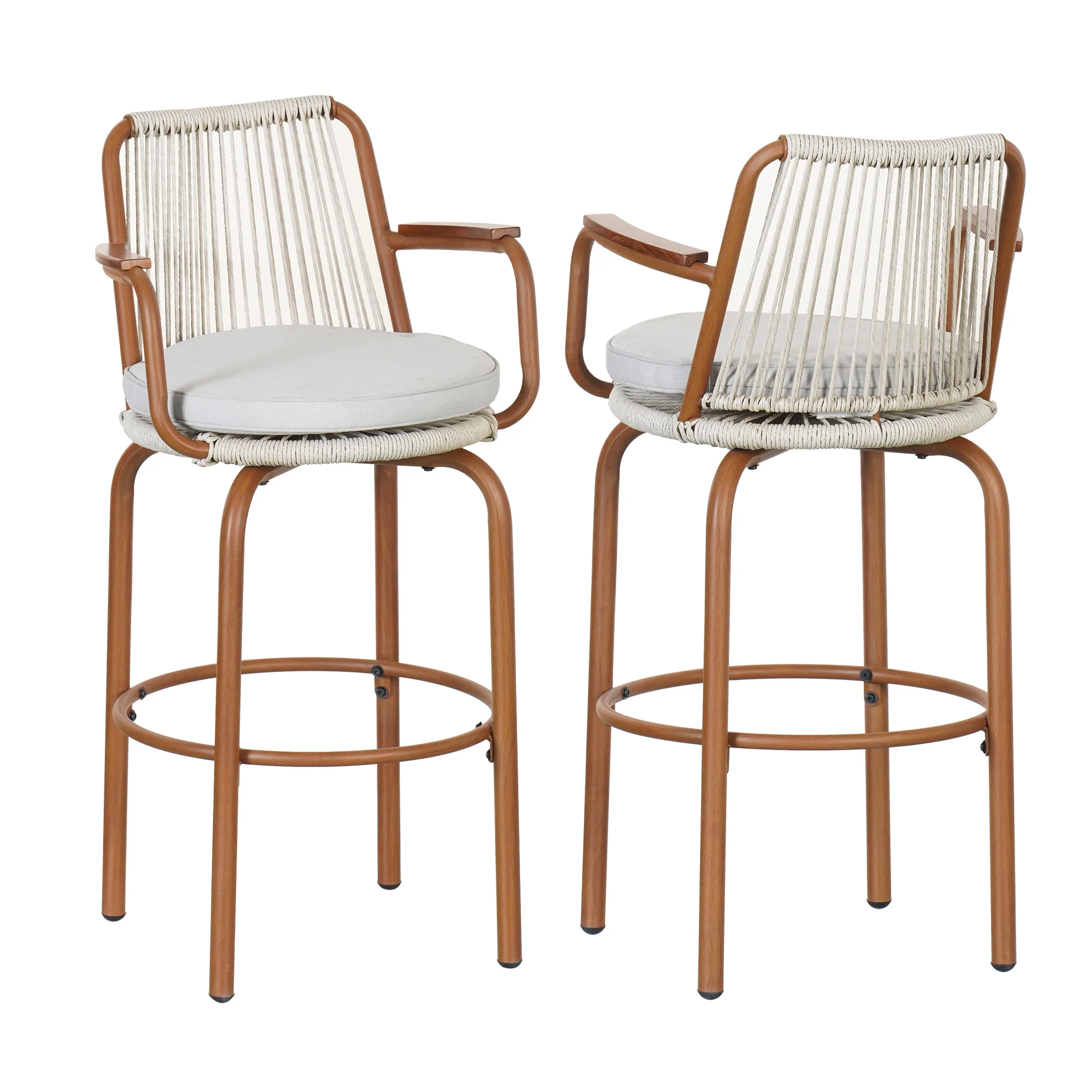 Lyric Modern 29" Outdoor Patio Bar Stools, Bar Chairs with Wood Grain Finish Frame with Hand-Woven PE Rattan Rope, Removable Cushions, Teak+Beige, Set of 2 - Image 2