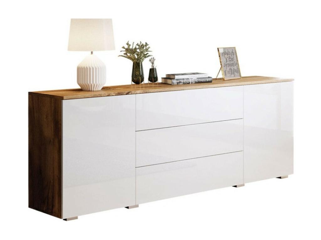 Cómoda Sarasota 129, Wotan roble|Blanco brillante, Con cajones y puertas, 68x150x39cm