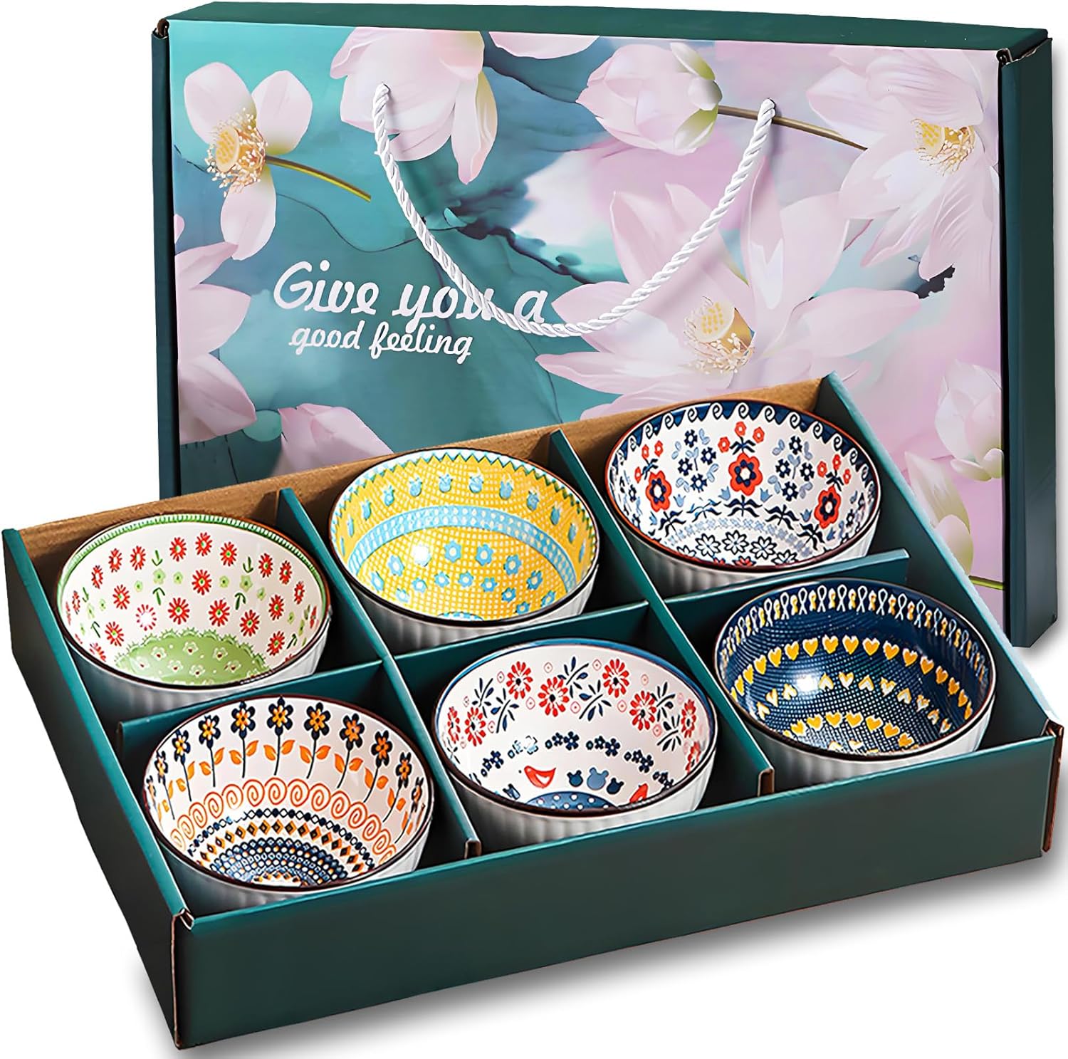 Rice Bowls 10oz, Japanese Style Bowls Set of 6 with Gift Box - Blue and White Ceramic Bowls for Soup, Dessert, Ice Cream, Snack - Kitchen Gifts for Women (Blue and White)