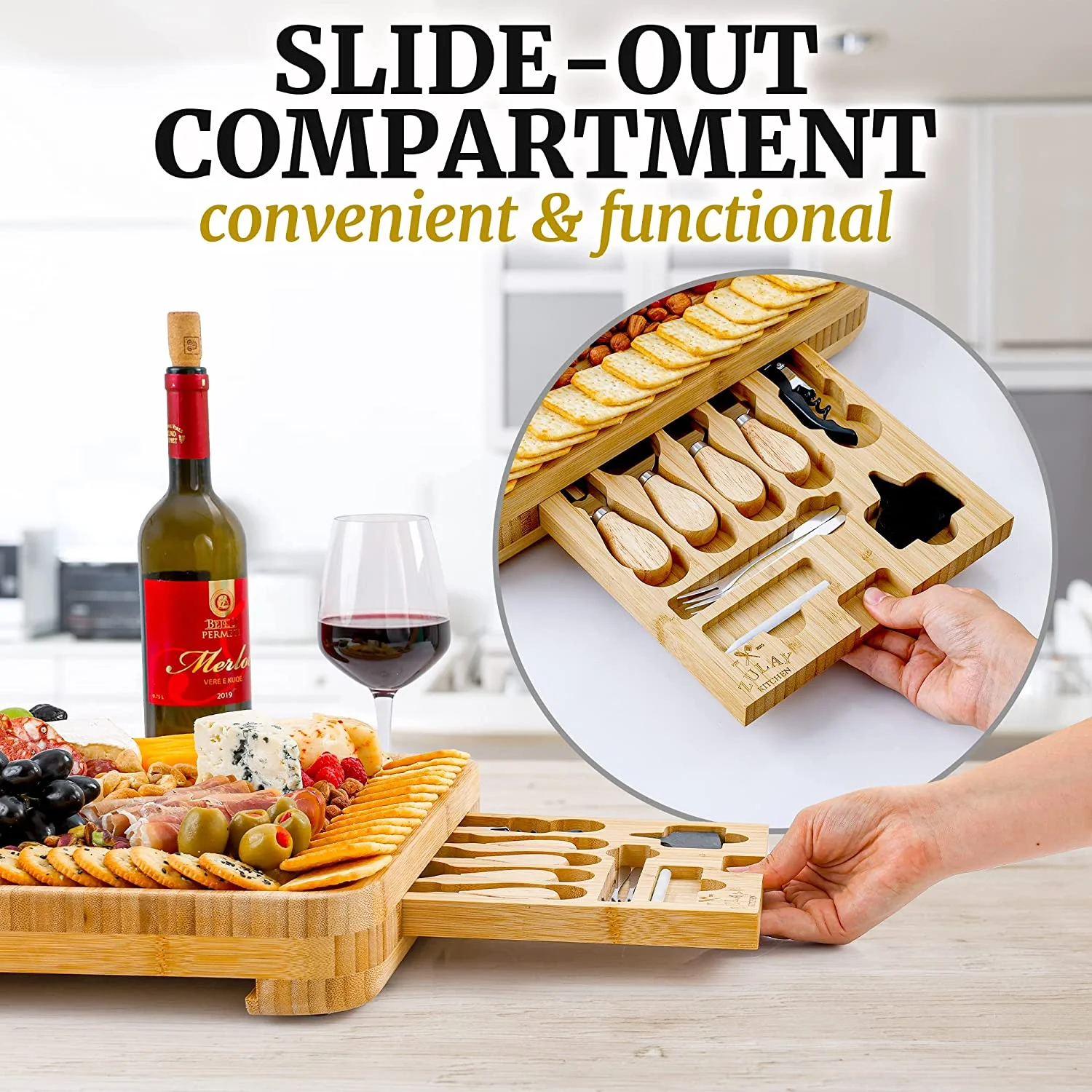 Zulay Kitchen Bamboo Cheese Board Set Extra Thick Charcuterie Board 15 Piece - Deluxe Set - Image 9