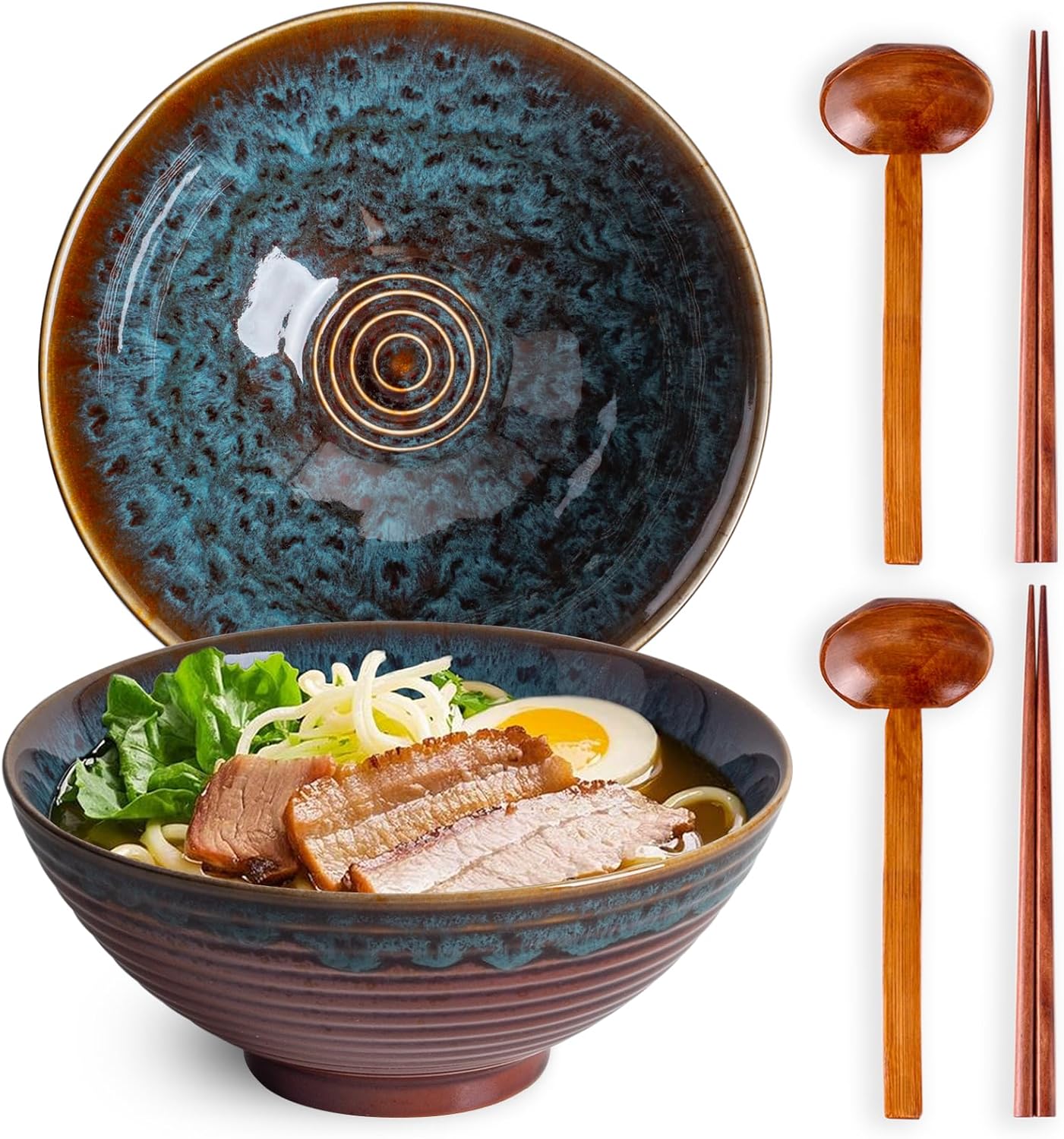40oz Japanese Ceramic Ramen Bowl Set of 2 with Chopsticks and Spoons for Pho Udon Asian Soup Noodles (Peacock Tail)