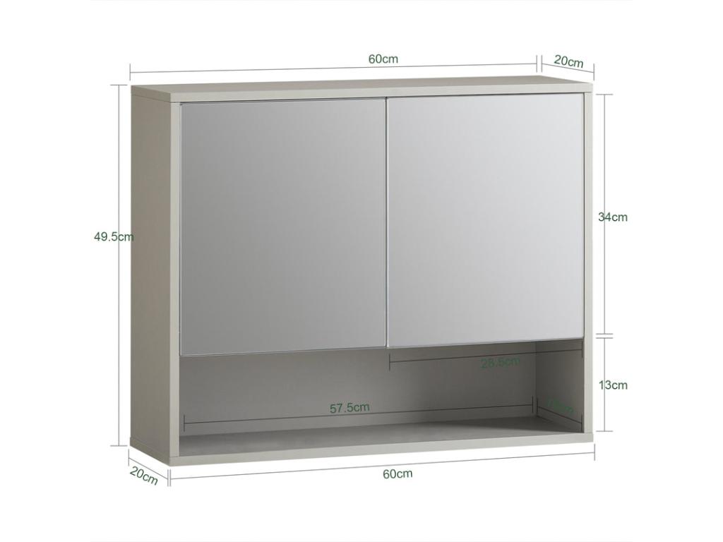Armario de Pared con Espejo Mueble Suspendido de Baño con 2 Puertas de Vidrio y Estante Gris 60 x 20 x 49 - 5 cm BZR134-NG Nestleano