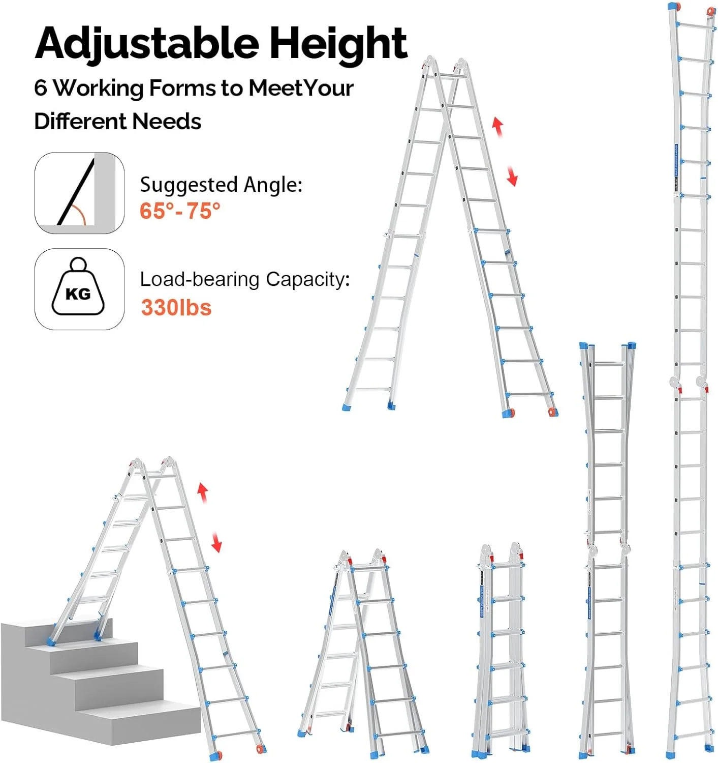 LUISLADDERS Ladder, A Frame 6 Step Ladder Telescoping Ladder, 22 Ft Reach Height Muti Position Folding Ladder Flared Leg & Wheels Design, 330 lbs Capacity Extension Ladder for Household Outdoor Work - Image 4