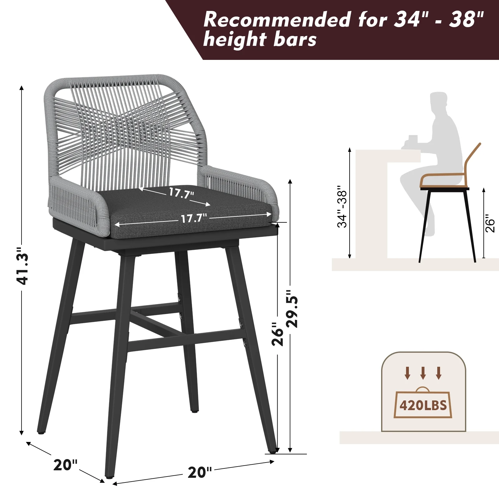 MEISSALIVVE Set of 2 Rattan Swivel Bar Stools, 26" Counter Height with Woven Rope Back, Cushioned Patio Bar Chairs for Kitchen, Garden, Beige - Image 10
