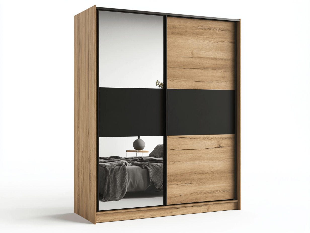 Armario con puertas corredizas en roble y negro con espejo