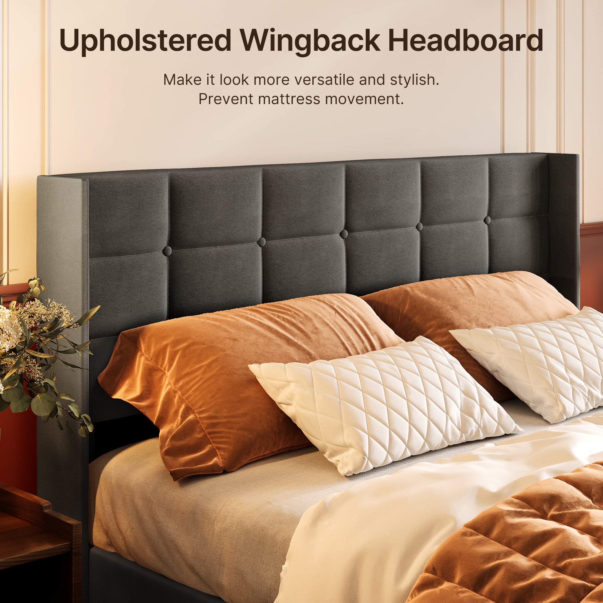Lofka Lift Up Storage Bed Full Size, Modern Wingback Headboard, No Box Spring Needed, Hydraulic Storage, Dark Grey - Image 2