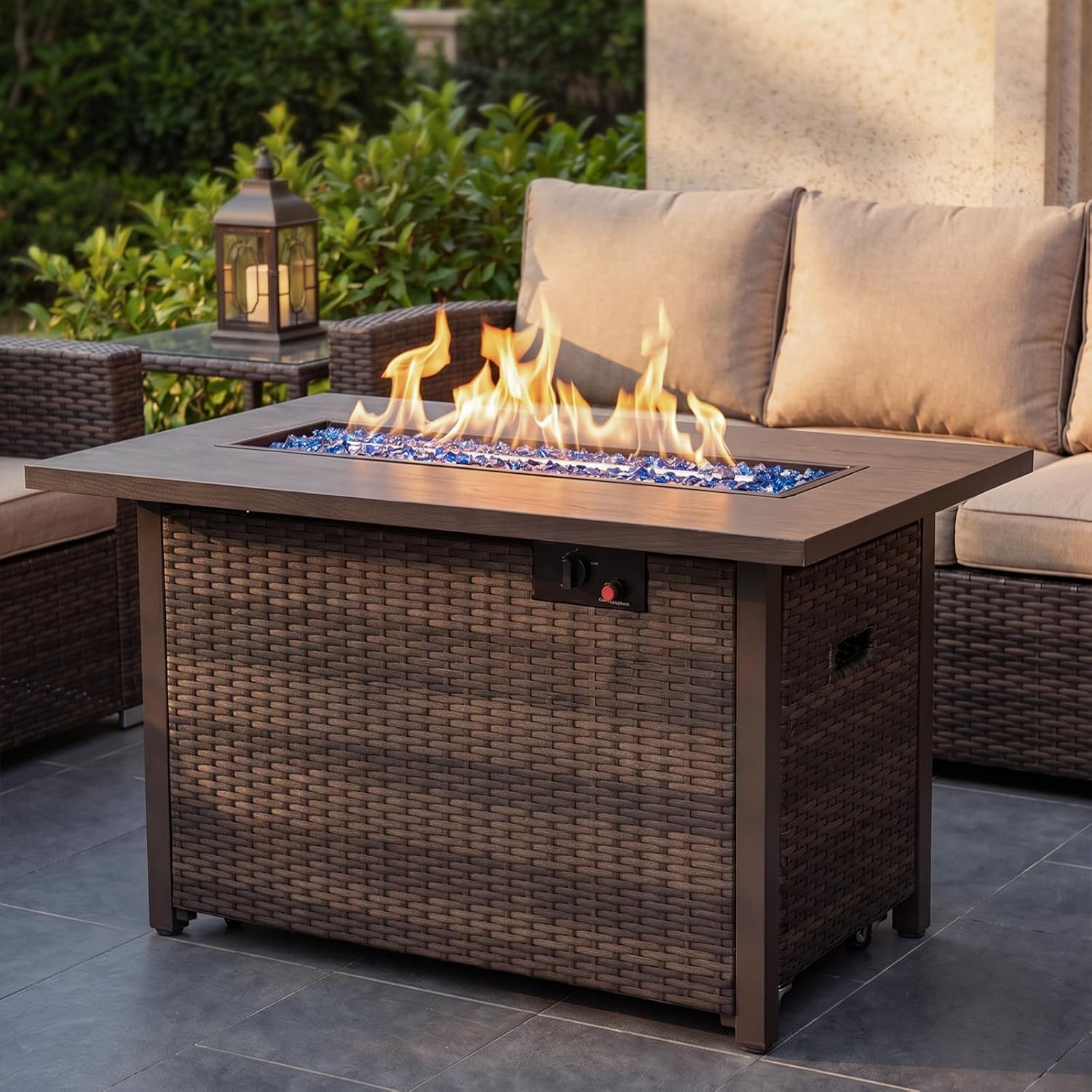 42in Propane Fire Pit 50,000 BTU Gas Fire Pit Table Rectangle Gas,Outdoor 3-in-1 Fire Table for Patio,Yard,Balcony Rattan Frame Gray Tabletop - image 2