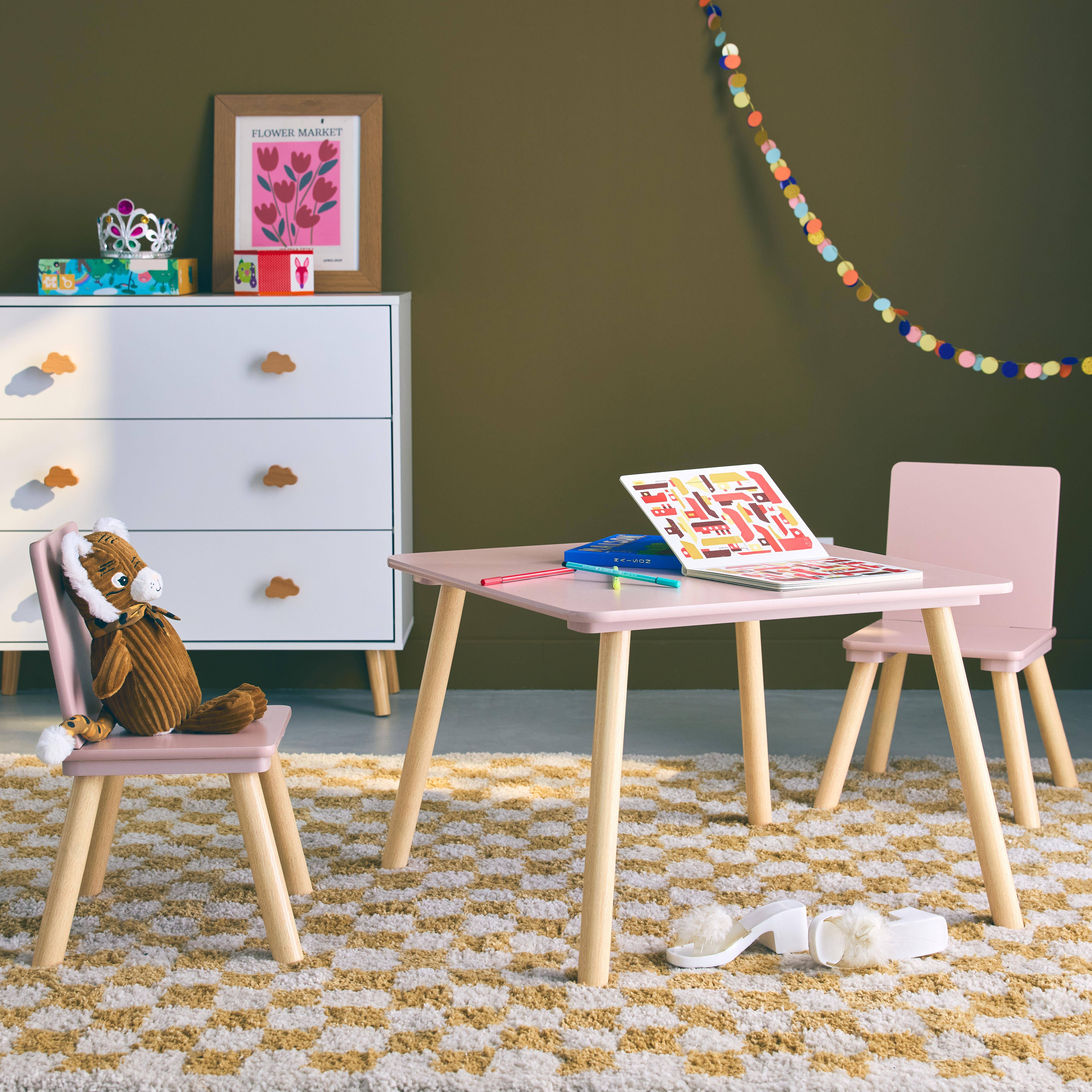 Judith - Mesa cuadrada infantil de madera de pino, 2 sillas