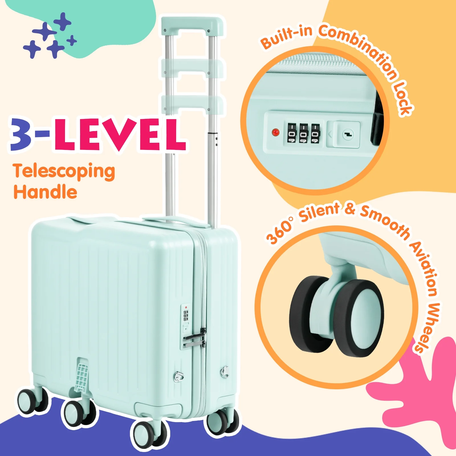 Advwin Ride-On Kids Luggage with Pull Strap, Footrests, Cup Holder, 6 Wheels & Adjustable Handle, 18-Inch Spinner Suitcase with Stickers & Boarding Pass, Pink - Image 12