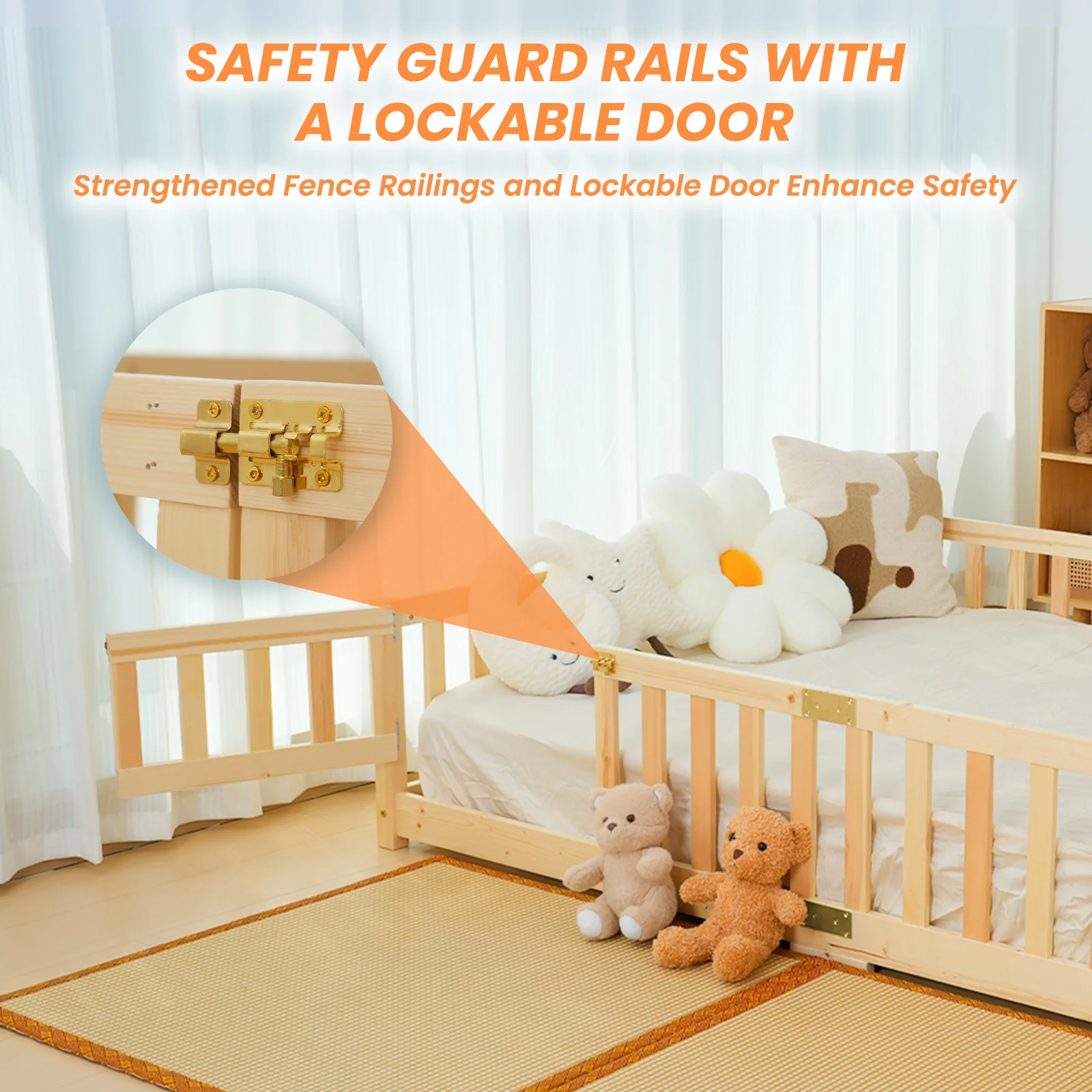 Slsy Twin Size Toddler Floor Bed, Solid Wood Montessori Bed Frame with Fence & Door Montessori Floor Bed Crib with Safety Guardrails for Girls and Boys - Image 24