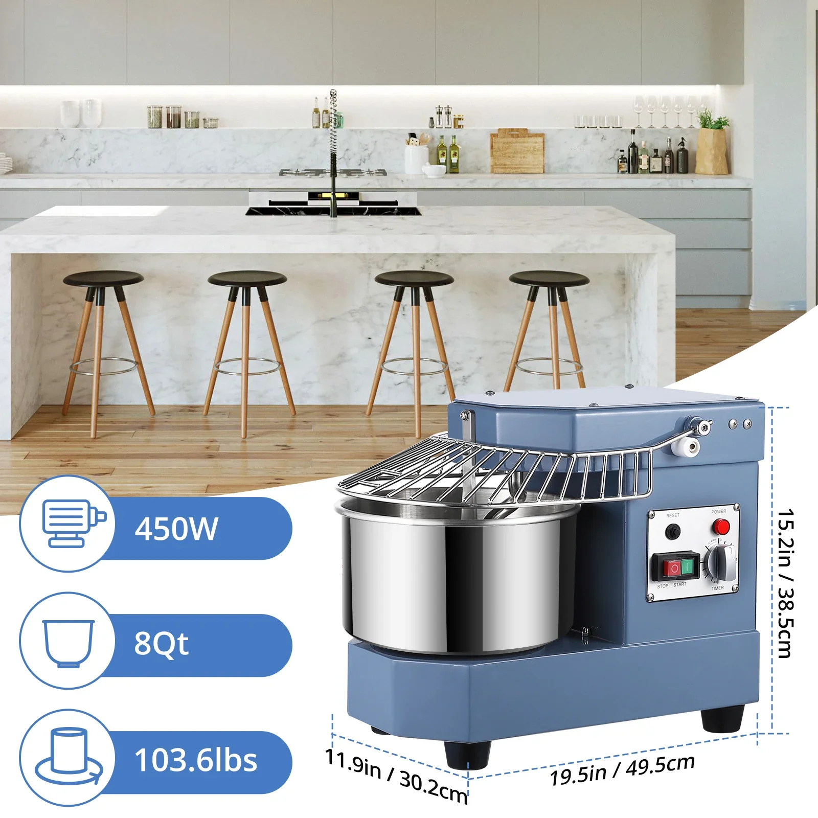 2025  8Qt Commercial Food Mixer, 450W Dual Rotating Dough Kneading Machine w Food-grade Stainless Steel Bowl, Security Shield & Timer, Commercial