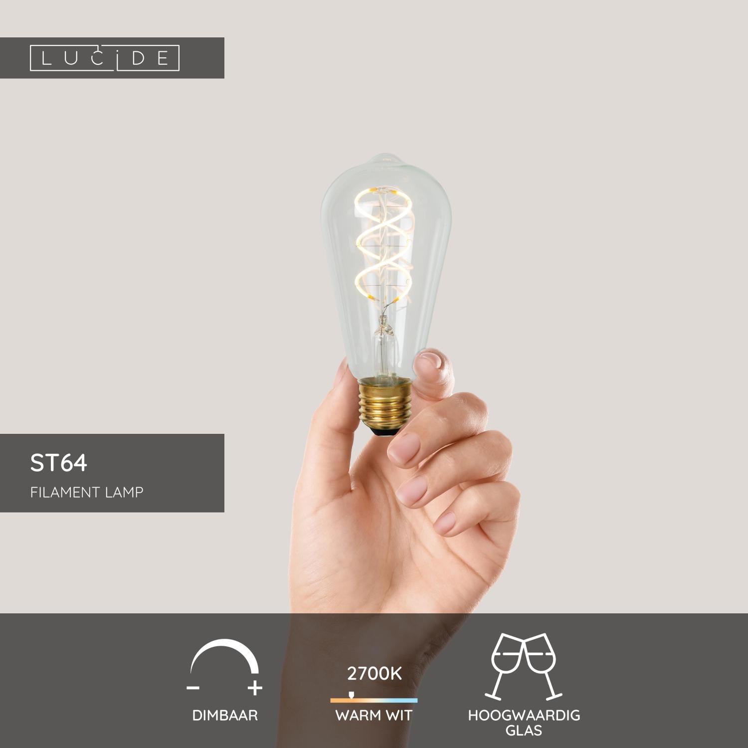 ST64 LED Filament lichtbron E27 5W 2700K transparant dimbaar