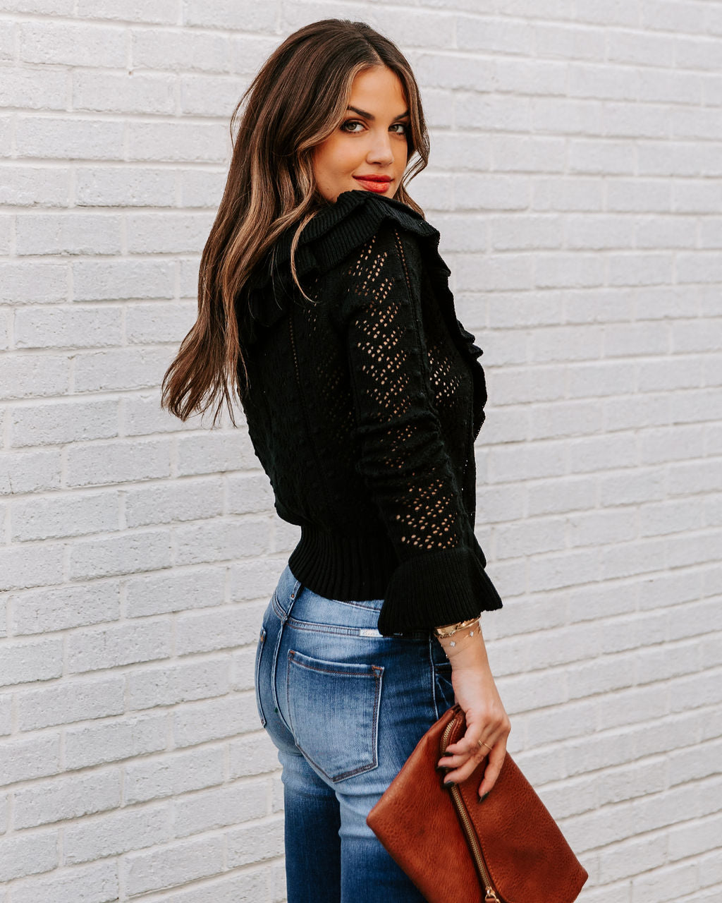 Janessa Ruffle Pointelle Knit Sweater - SALE - Se7enfashion