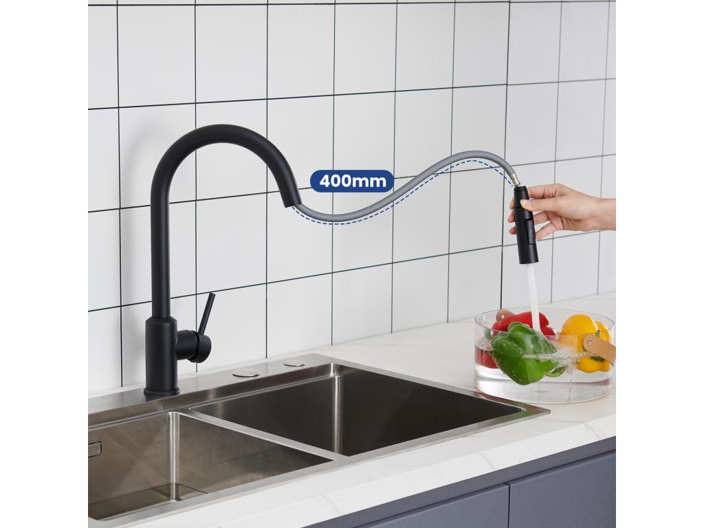 Laocacasas Mezclador de Cocina con Ducha Extraíble - Negro - Mezclador de Fregadero de Cocina de Acero Inoxidable - Mezclador de 2 Funciones, Modelo UE