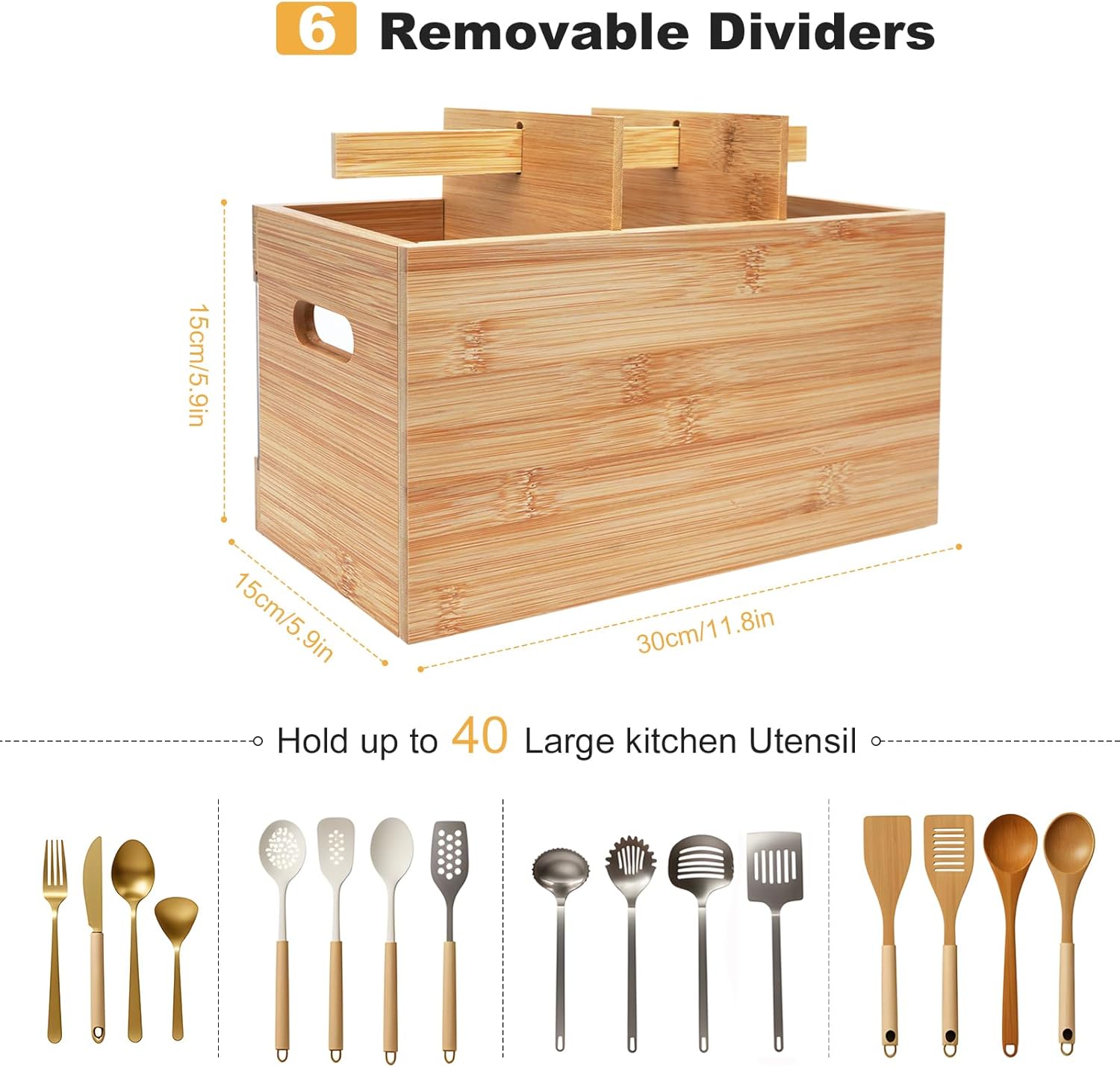 yazi Extra Large Bamboo Utensil Holder for Kitchen Counter - 6 Compartment Silverware Organizer with Natural Drying Stone, Rustic Farmhouse Decor for Home Chefs