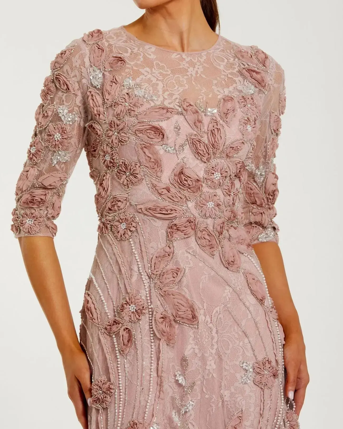 Petite Pink High Neck Embellished Lace Gown with 3/4 Sleeves - Special Events Unlimited