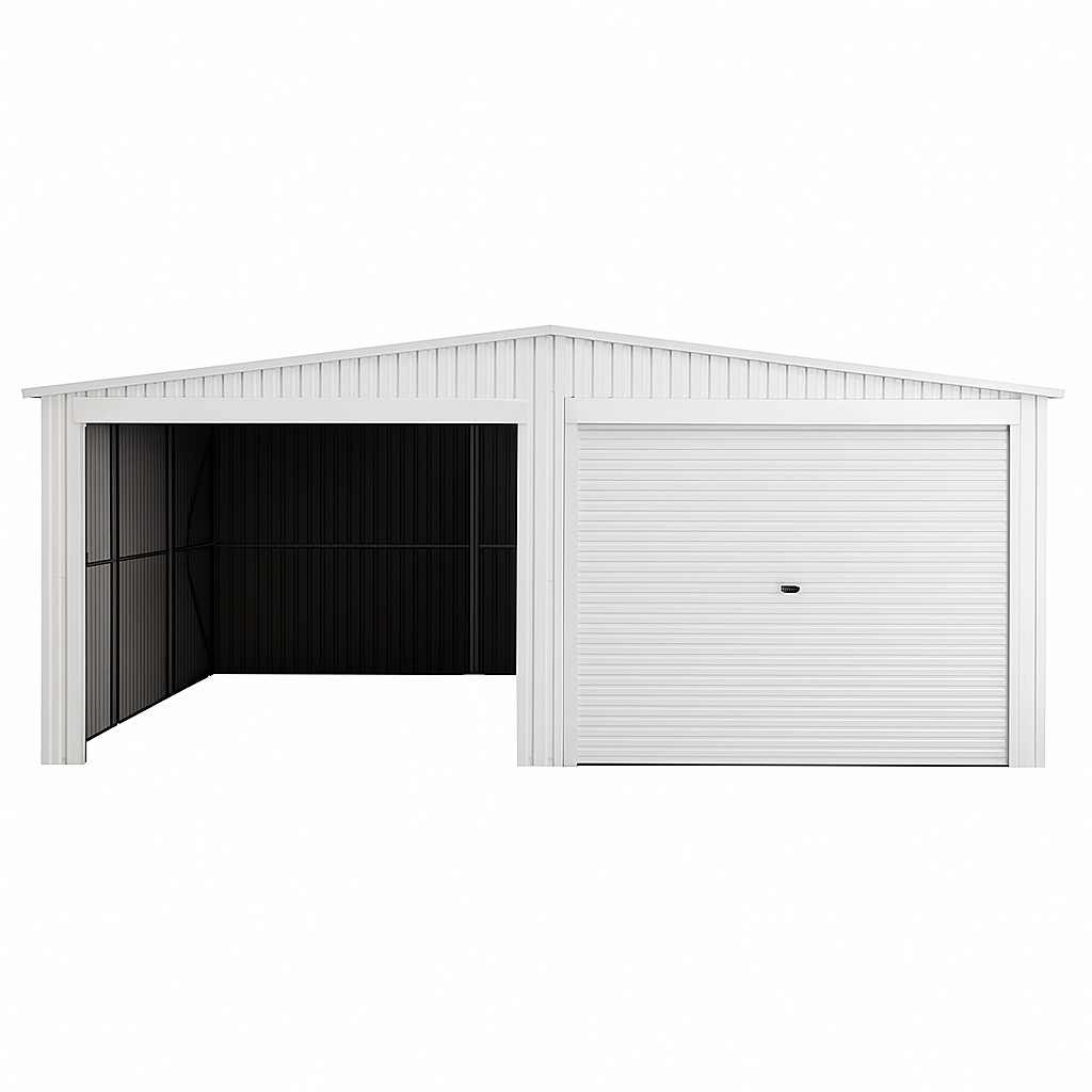 Garaje de metal, con puerta enrollable y apertura lateral, color blanco.
