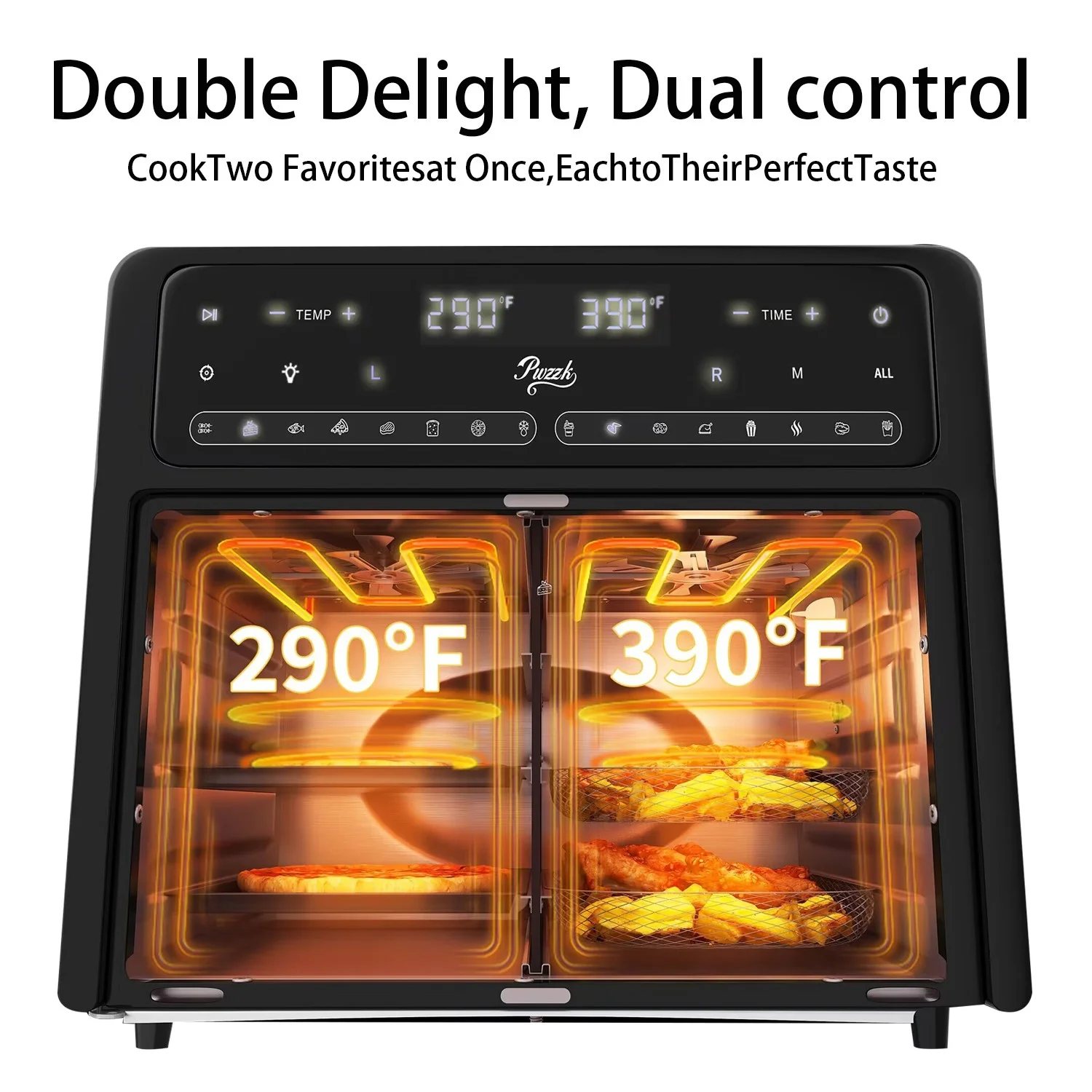 PwZzk 25.4QT Dual Zone Air Fryer Toaster Oven Combo, French Glass Door, XL Capacity, 100-430-F Temperature Range, 16 Preset Functions, LED Display, Dual Fan, 360- Heat Circulation, Rotisserie, Bake, - Image 6