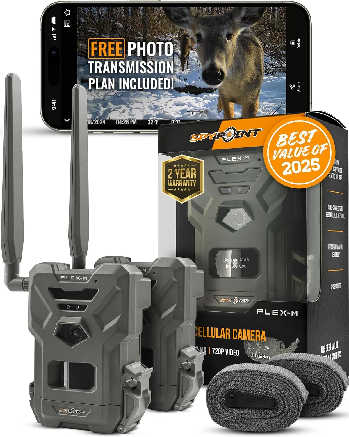SPYPOINT Flex-m Twin Pack Cellular Trail Camera -C Hunting Trail Monitor with GPS, Night Vision, Dual-Sim LTE, IP65 Water-Resistant
