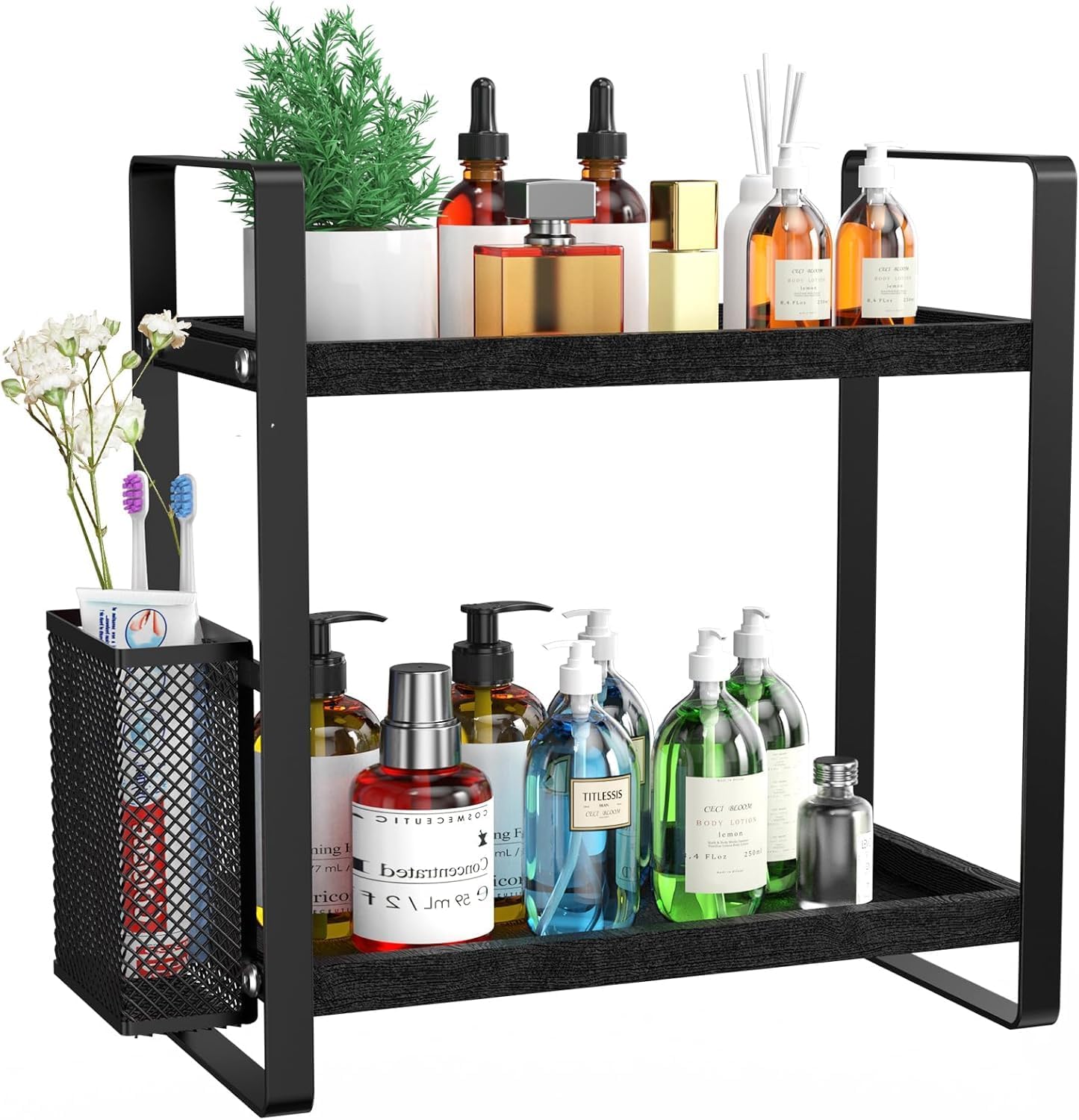 LEMIKKLE Bathroom Counter Organizer with Drawer and Basket,Wood Countertop Organizer for Bathroom Decor Makeup Tray for Perfume Skincare Bedroom Kitchen Corner