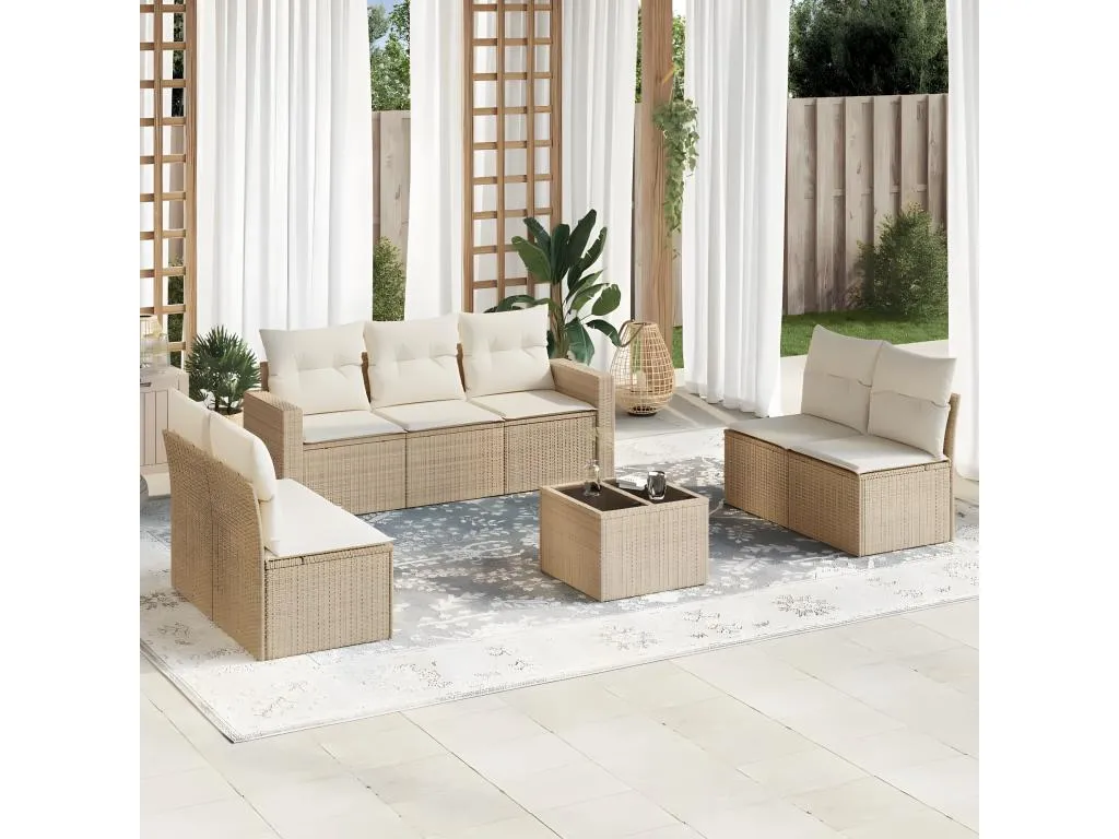 Juego de sofás de jardín con cojines beige 8 pzas ratán PE 65120JIZH
